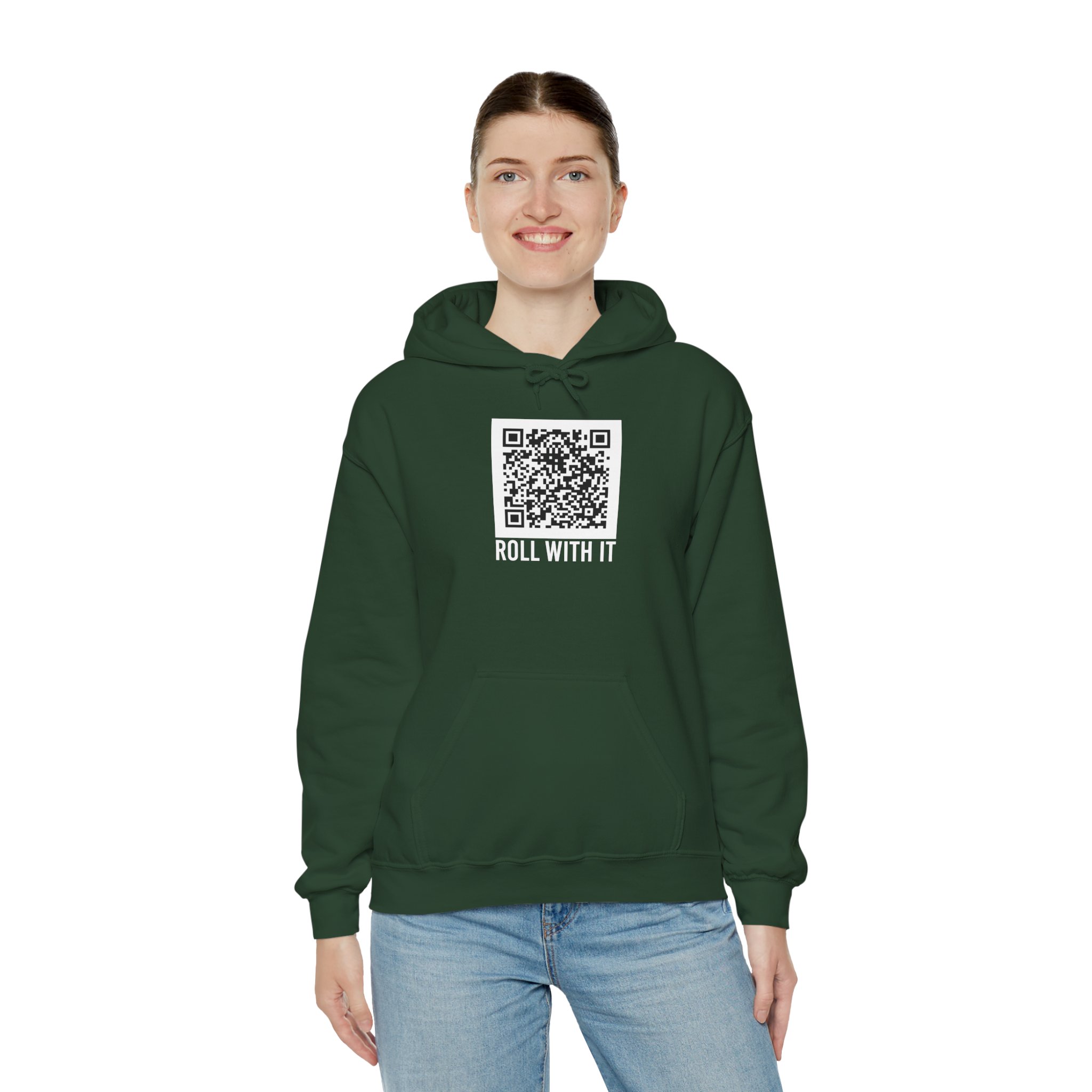 Roll With It QR Code hoodie in Forest Green, worn by a model, third view
