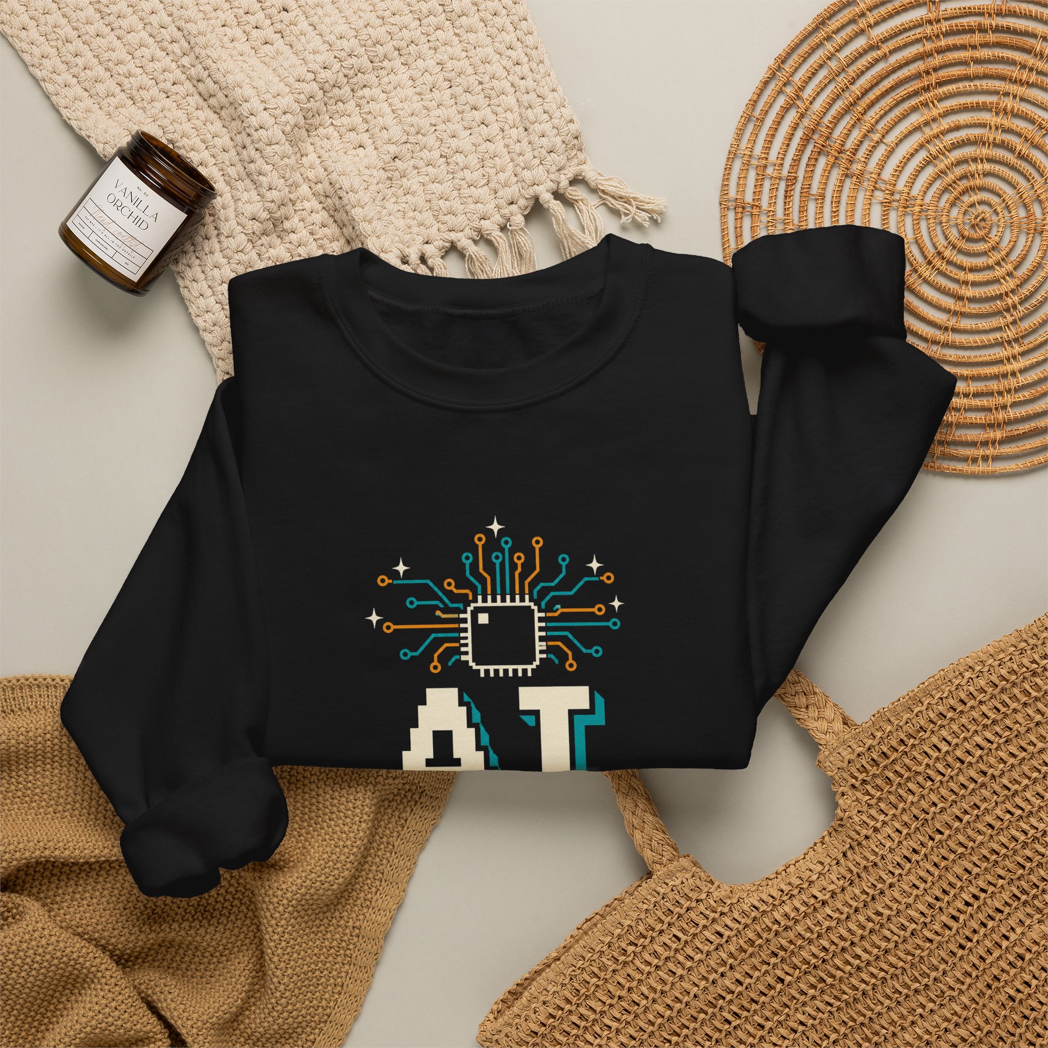 AI Magic Chip crewneck sweatshirt in Black, folded 2