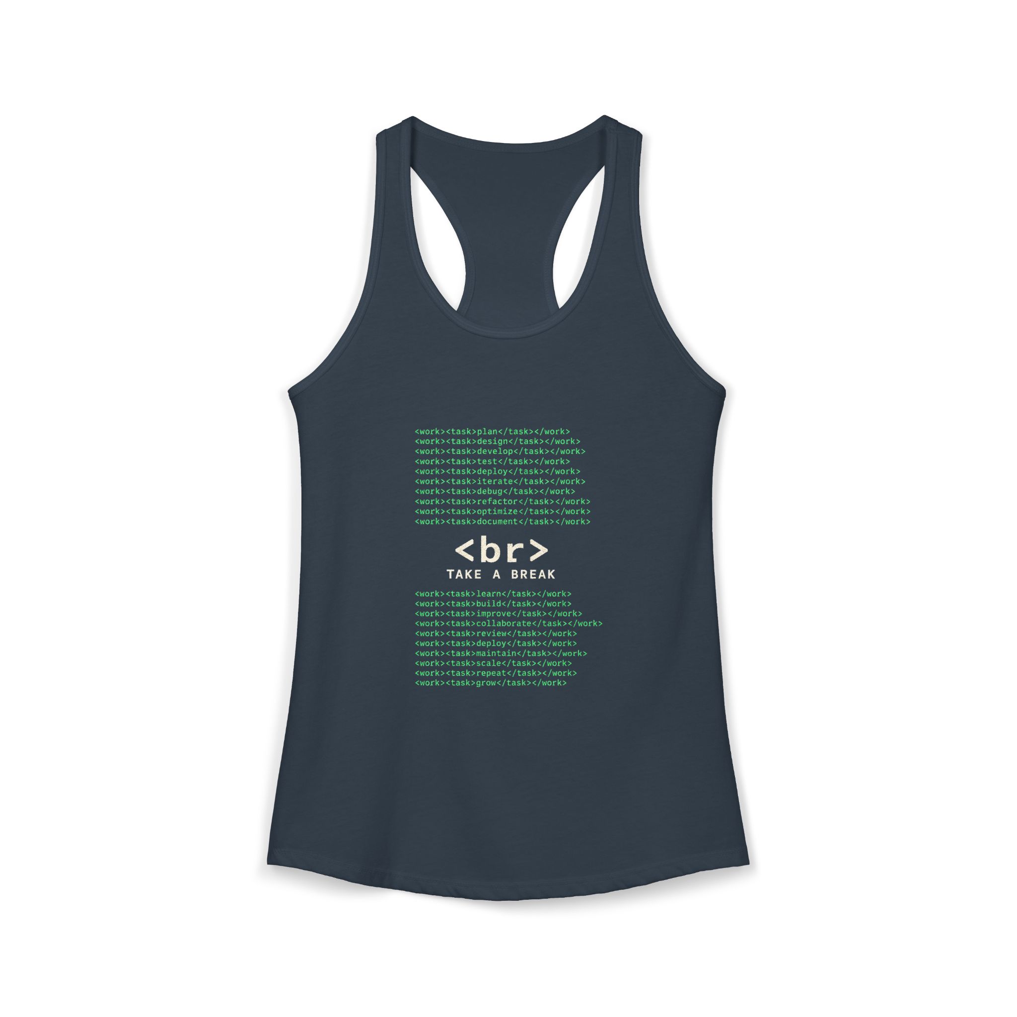 Work Work Break women's racerback tank in Solid Indigo, front 2