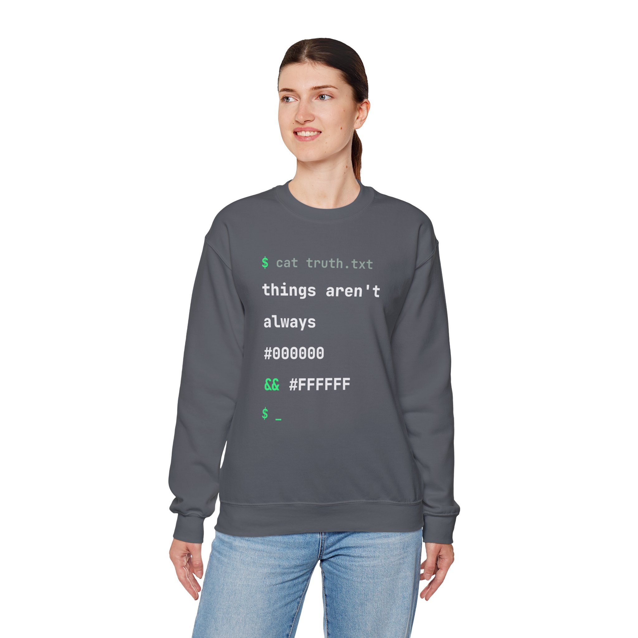 cat truth.txt crewneck sweatshirt in Charcoal, worn by a model, fourth view