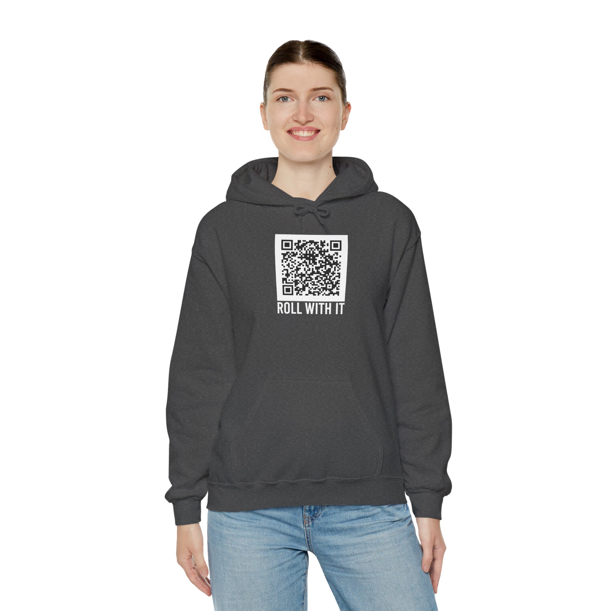 Roll With It QR Code hoodie in Dark Heather, worn by a model, third view