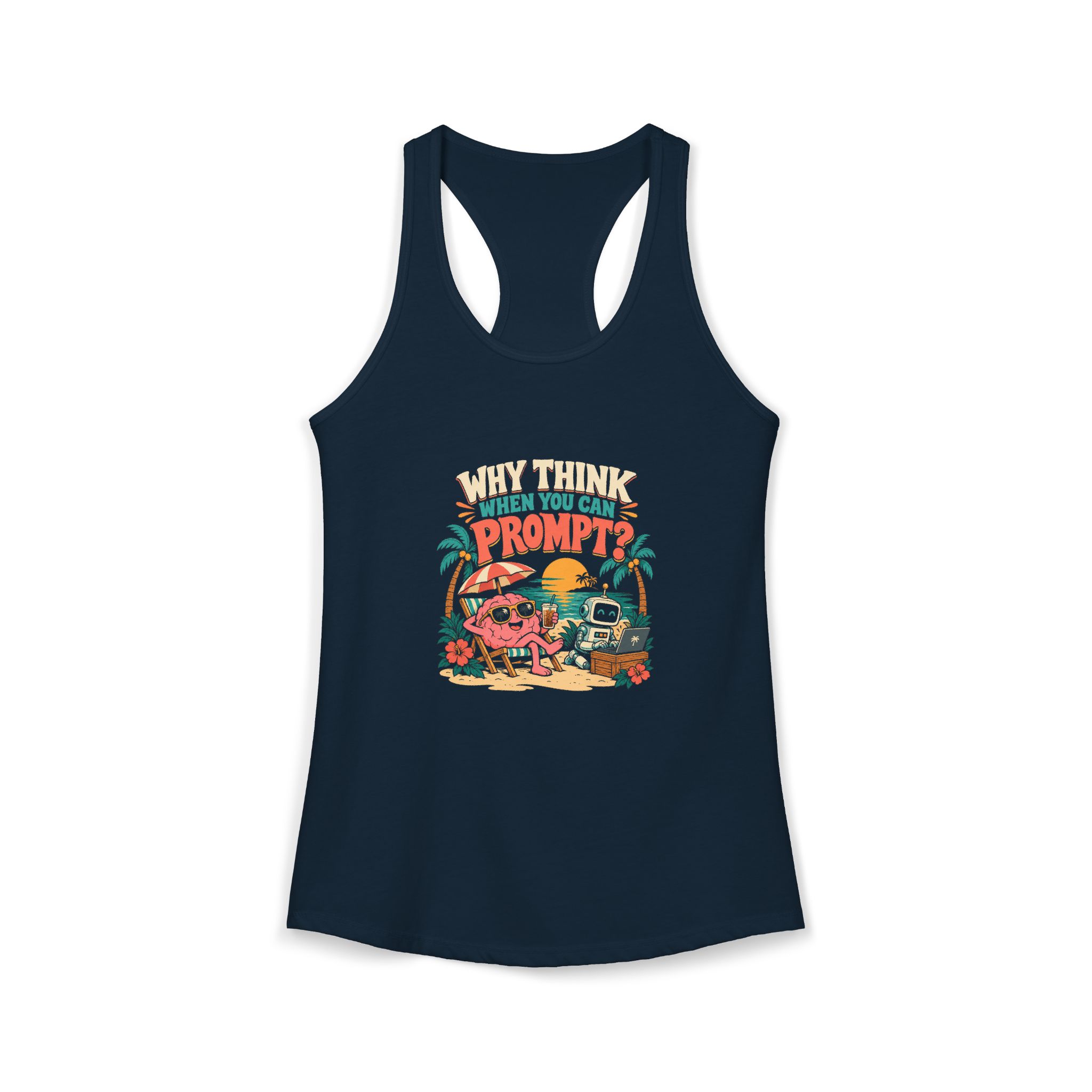 Prompt Beach Brain women's racerback tank in Solid Midnight Navy, front 2
