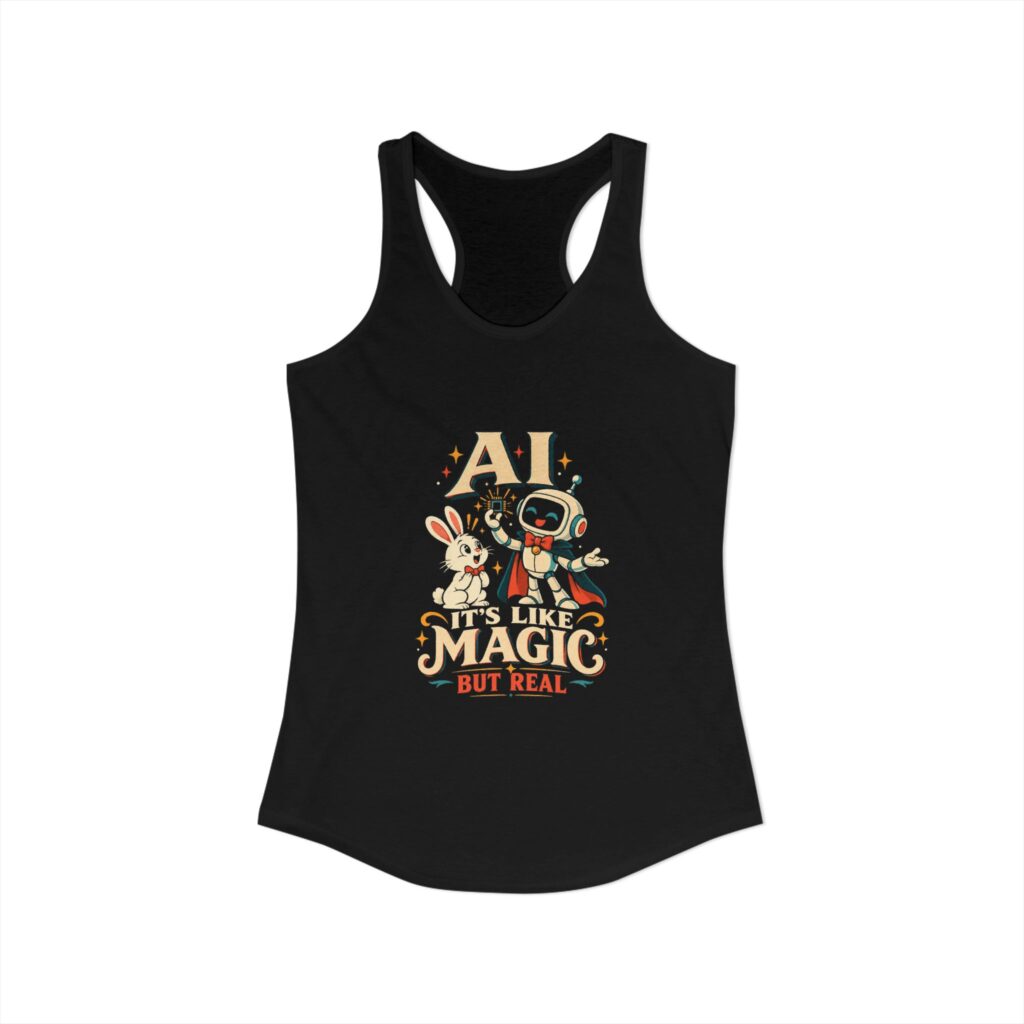 AI Magic Bunny women's racerback tank in Solid Black, front view