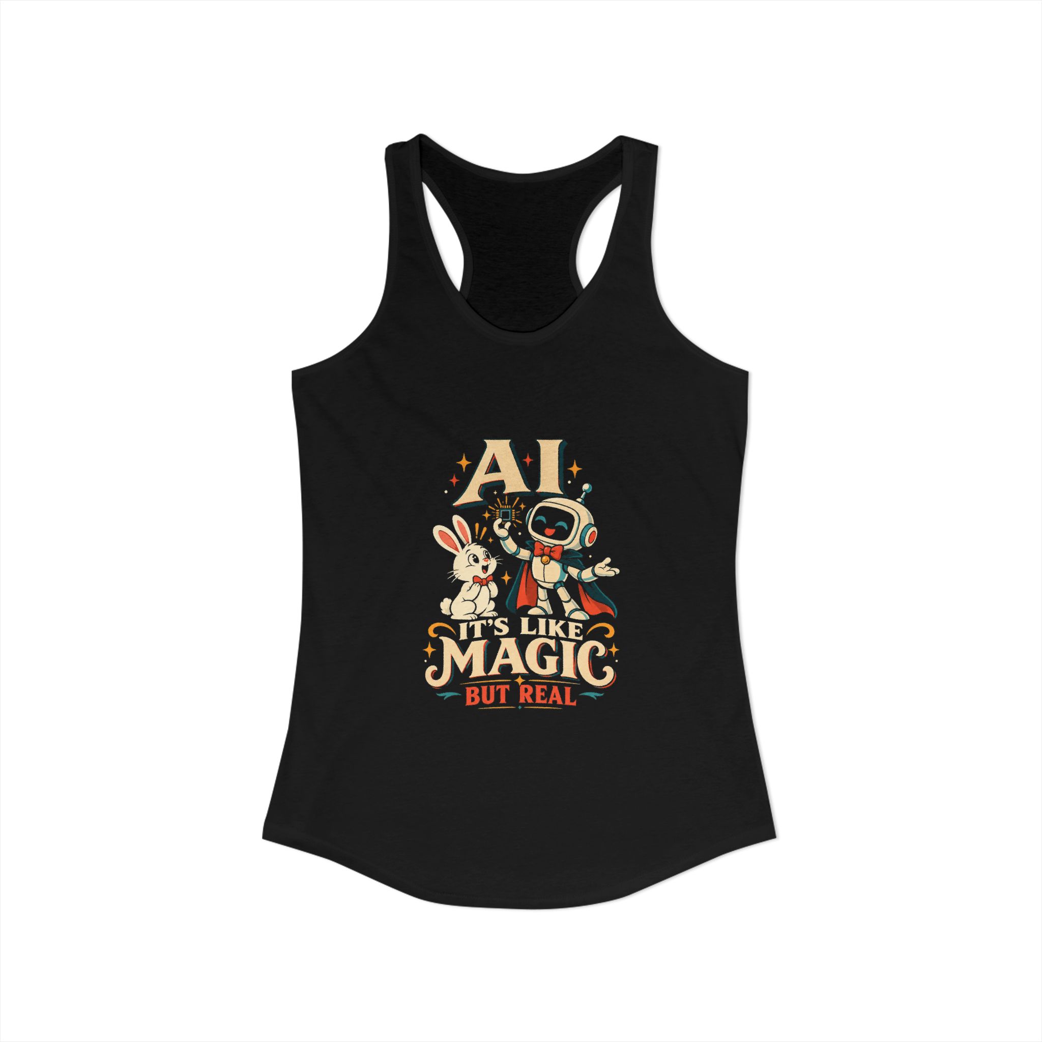 AI Magic Bunny women's racerback tank in Solid Black, front view