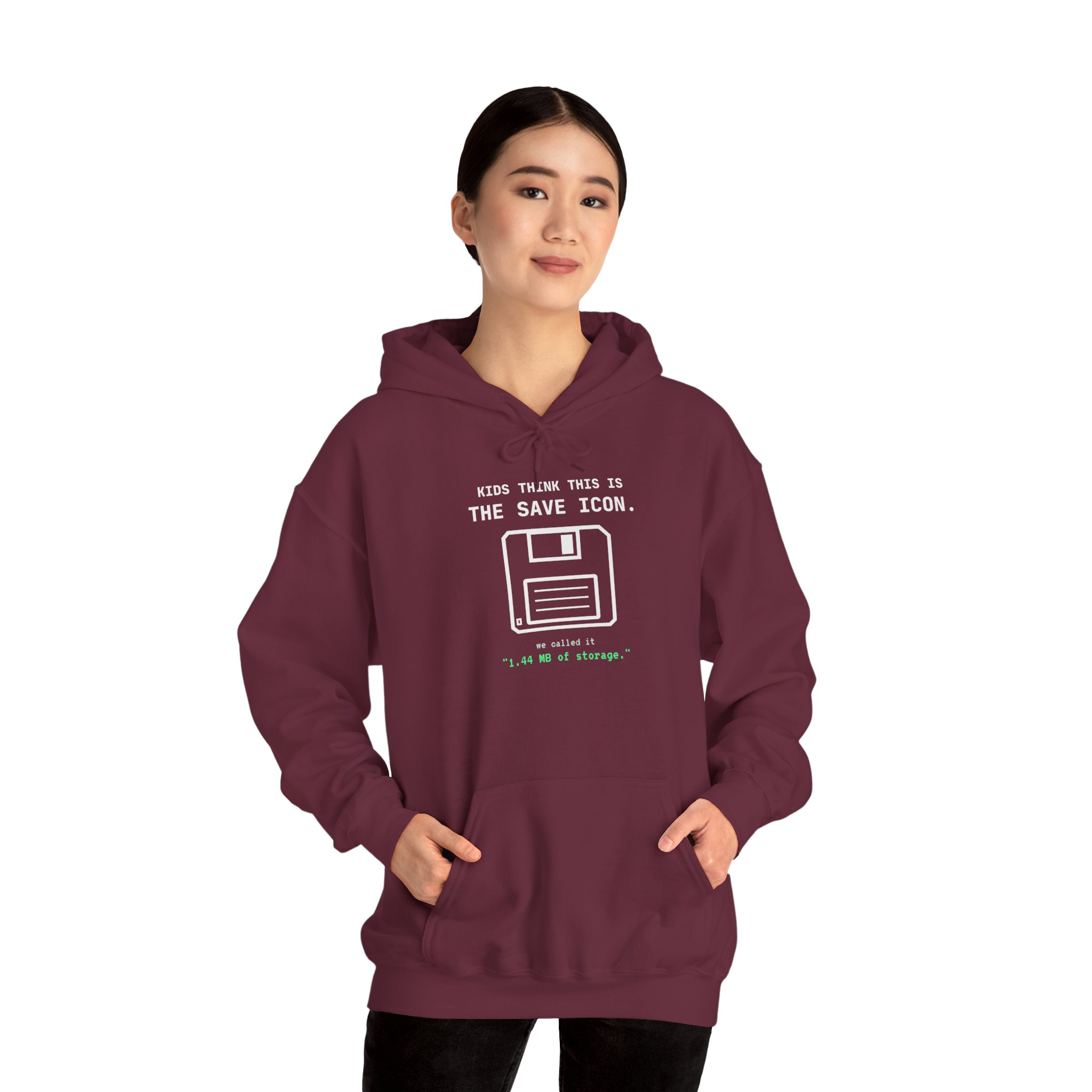 The Original Save Icon hoodie in Maroon, worn by a model