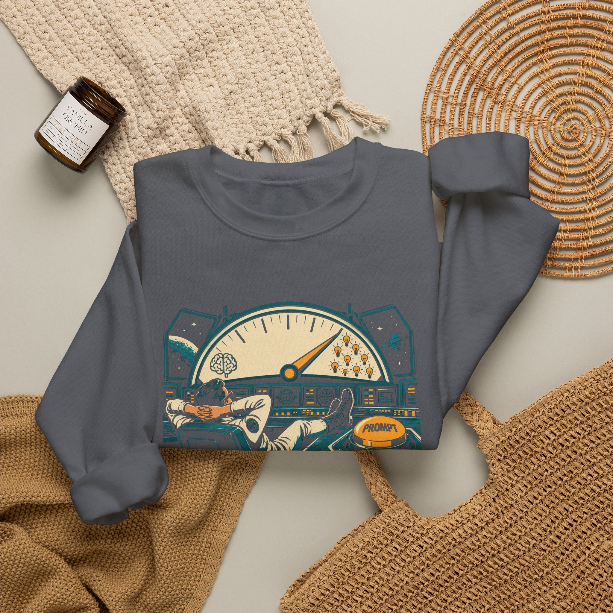 Prompt Mission Control crewneck sweatshirt in Charcoal, folded 2
