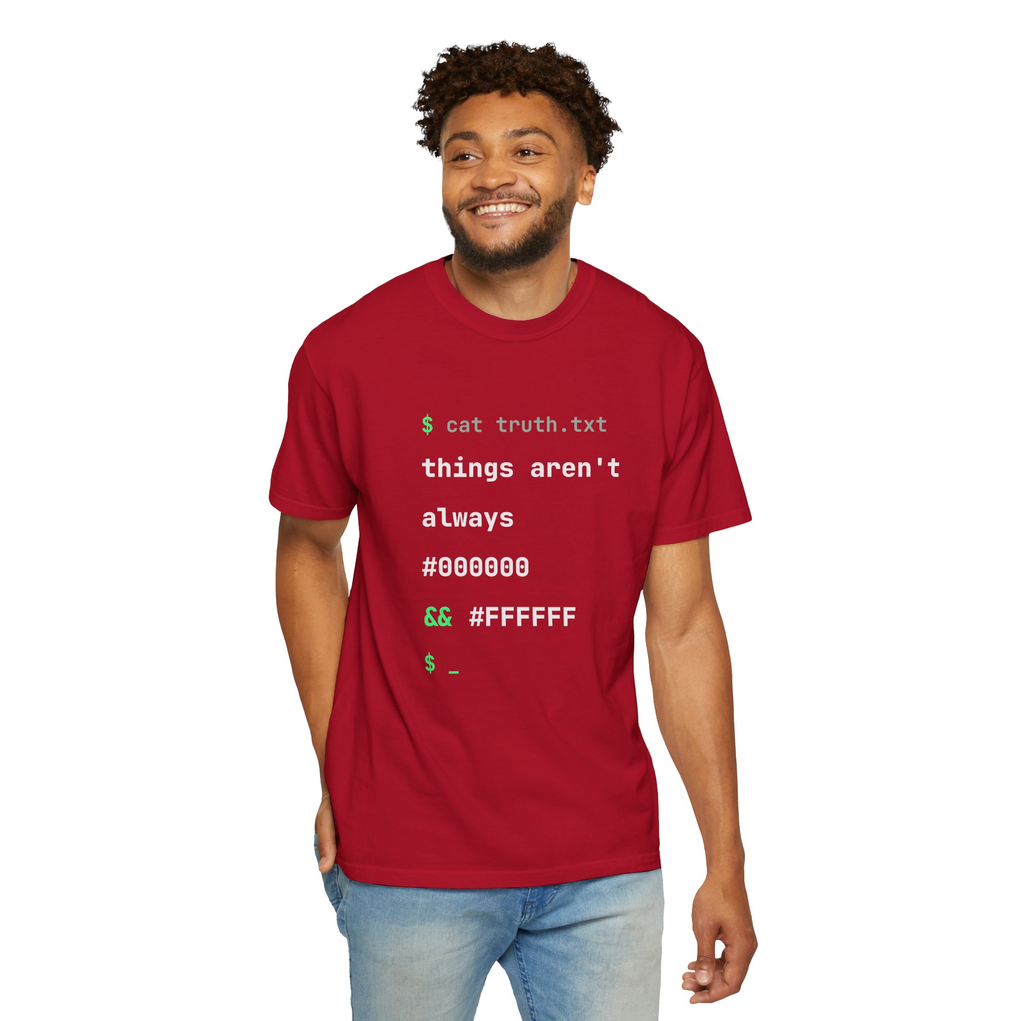 cat truth.txt T-shirt in Red, worn by a man, second model