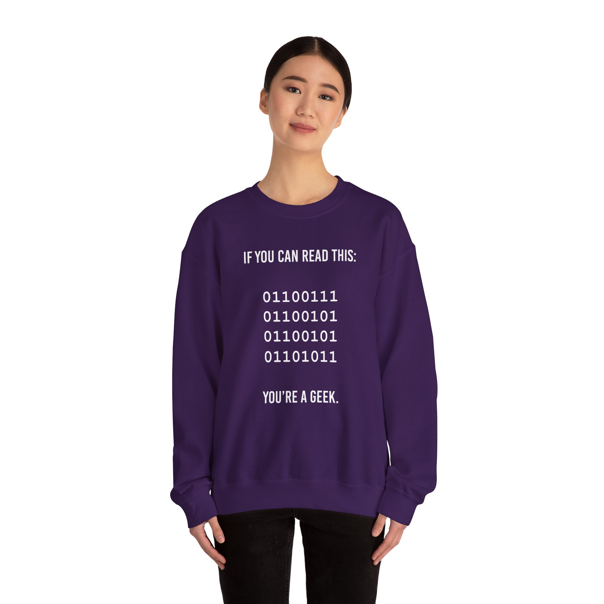 Geek Binary Code crewneck sweatshirt in Purple, worn by a model