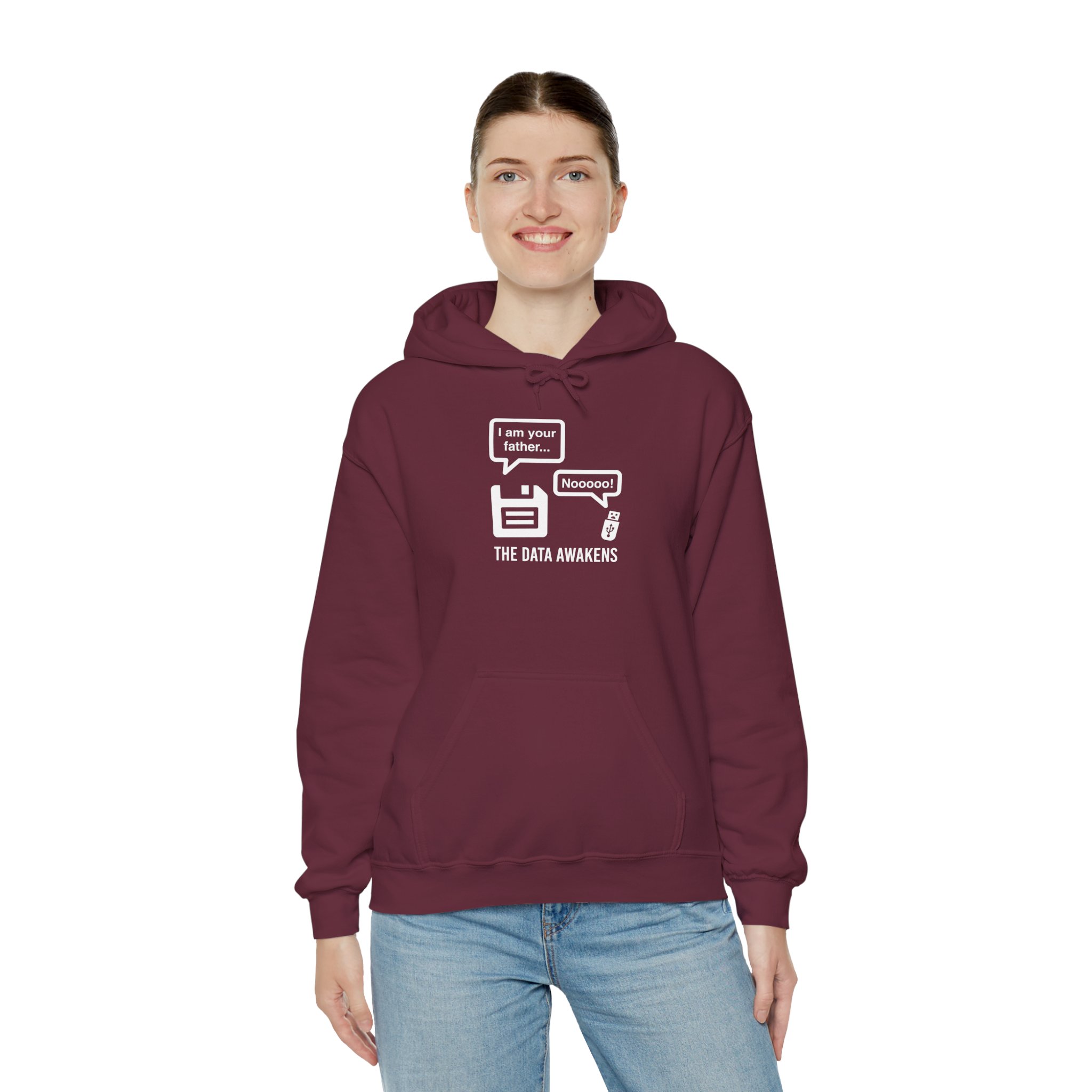 The Data Awakens hoodie in Maroon, worn by a model, third view