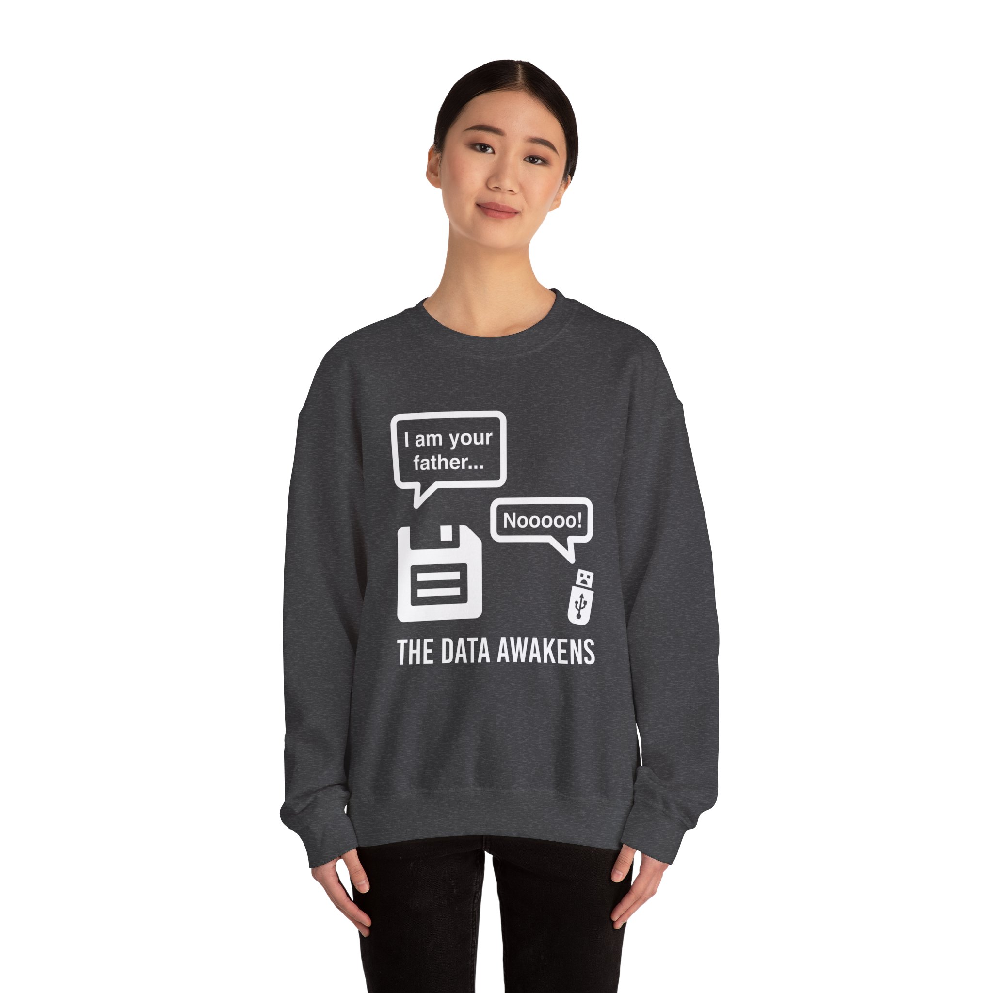 The Data Awakens crewneck sweatshirt in Dark Heather, worn by a model