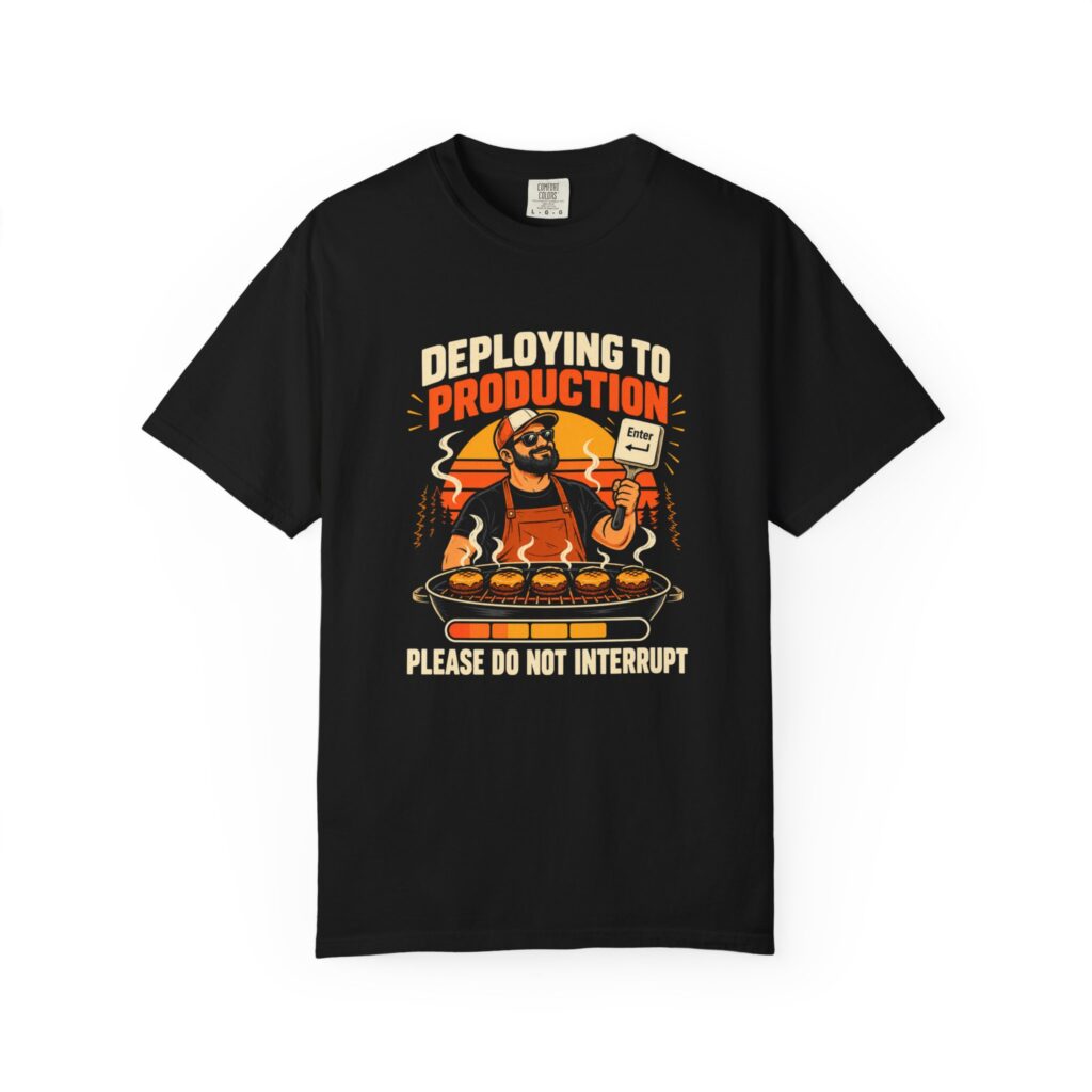 Deploying to Production T-shirt in Black, front view