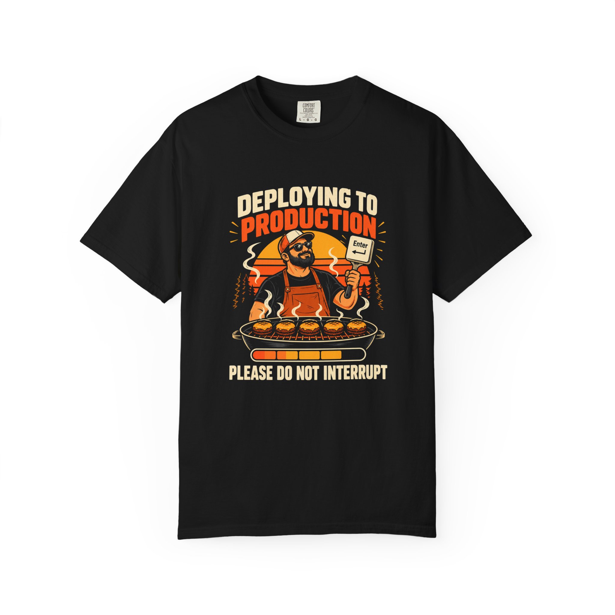Deploying to Production T-shirt in Black, front view