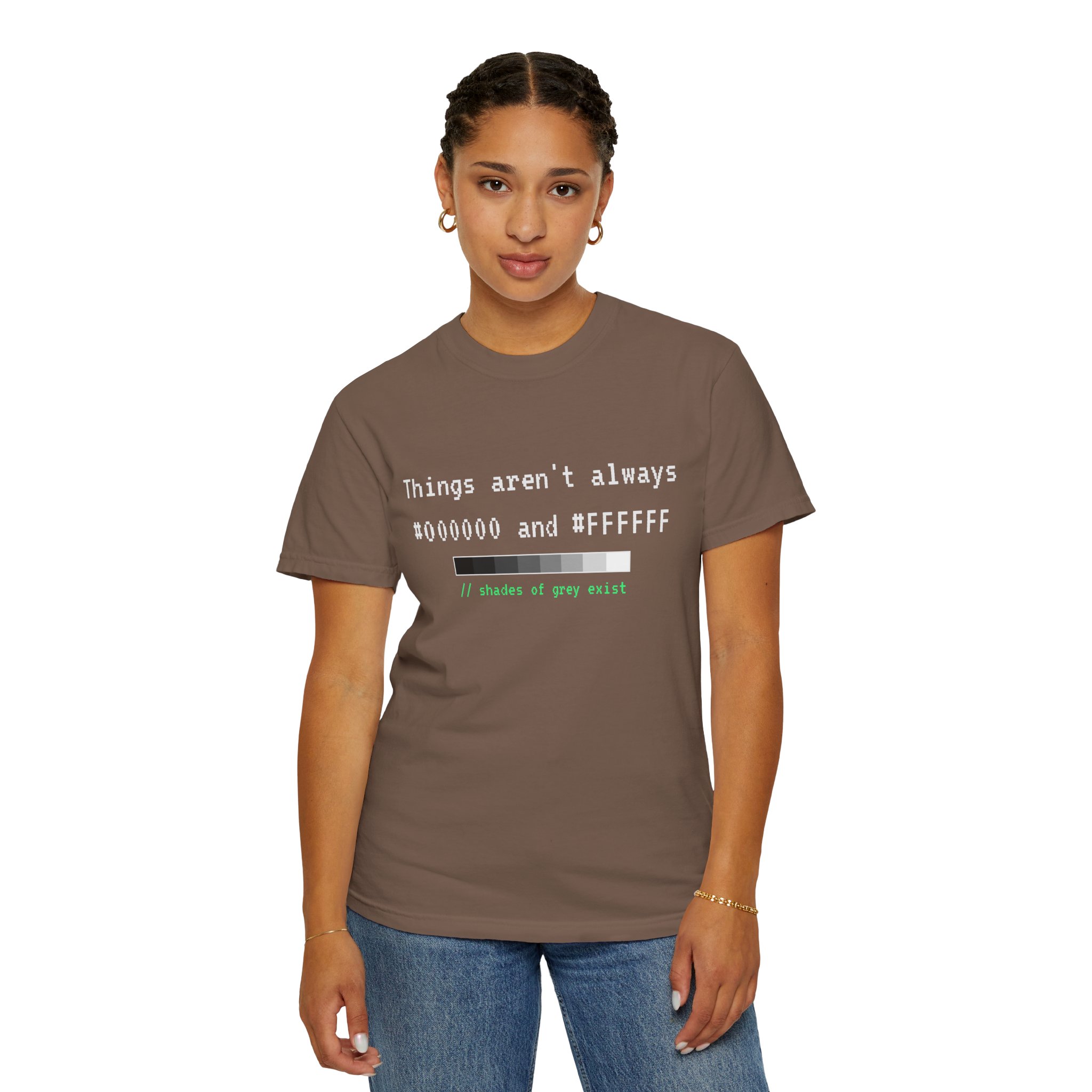Shades of Grey Exist T-shirt in Espresso, worn by a woman, second model