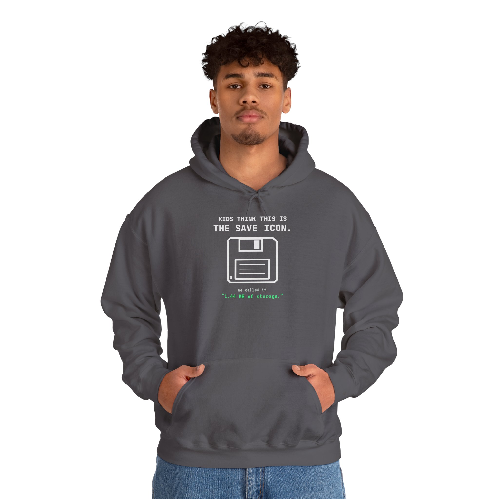 The Original Save Icon hoodie in Charcoal, worn by a model, second view