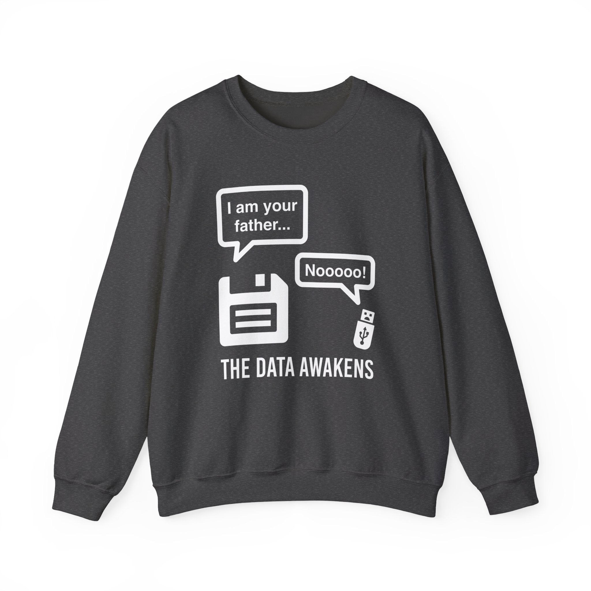 The Data Awakens crewneck sweatshirt in Dark Heather, front view
