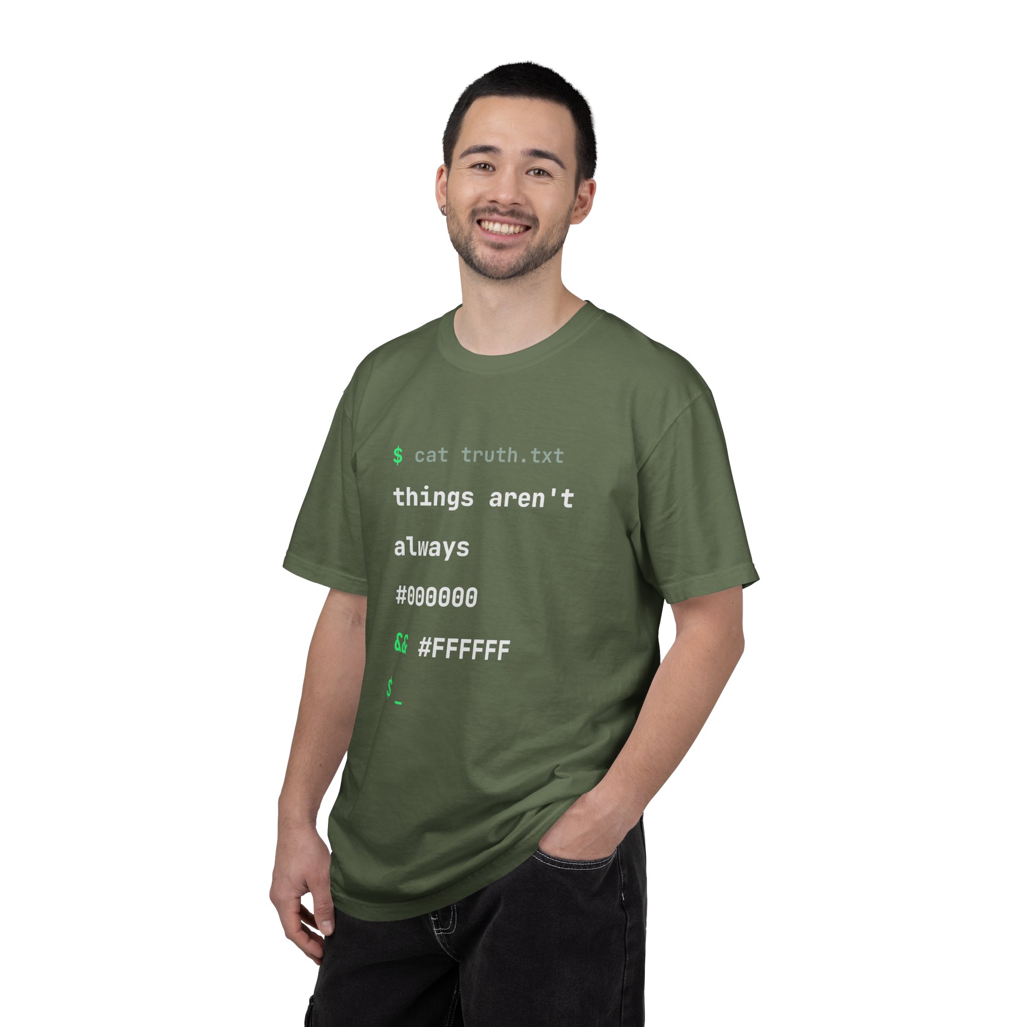 cat truth.txt T-shirt in Sage, worn by a man
