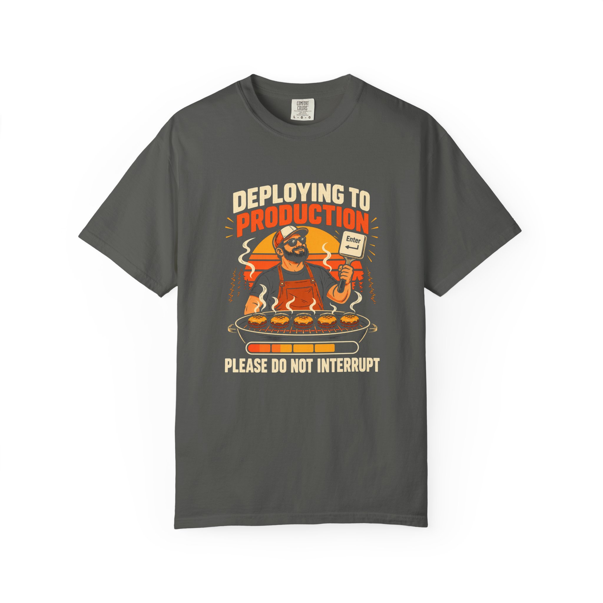 Deploying to Production T-shirt in Pepper, front view