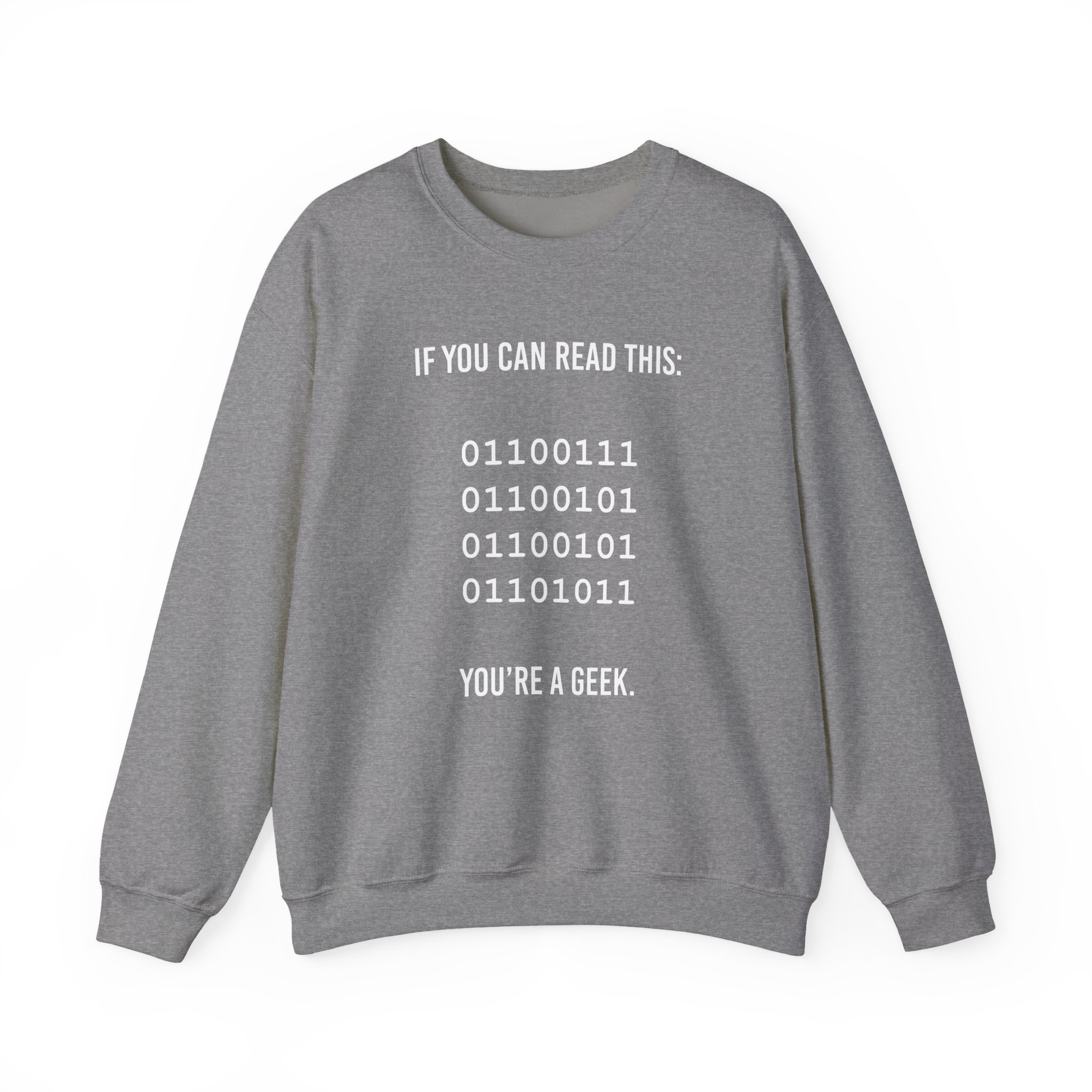 Geek Binary Code crewneck sweatshirt in Graphite Heather, front view