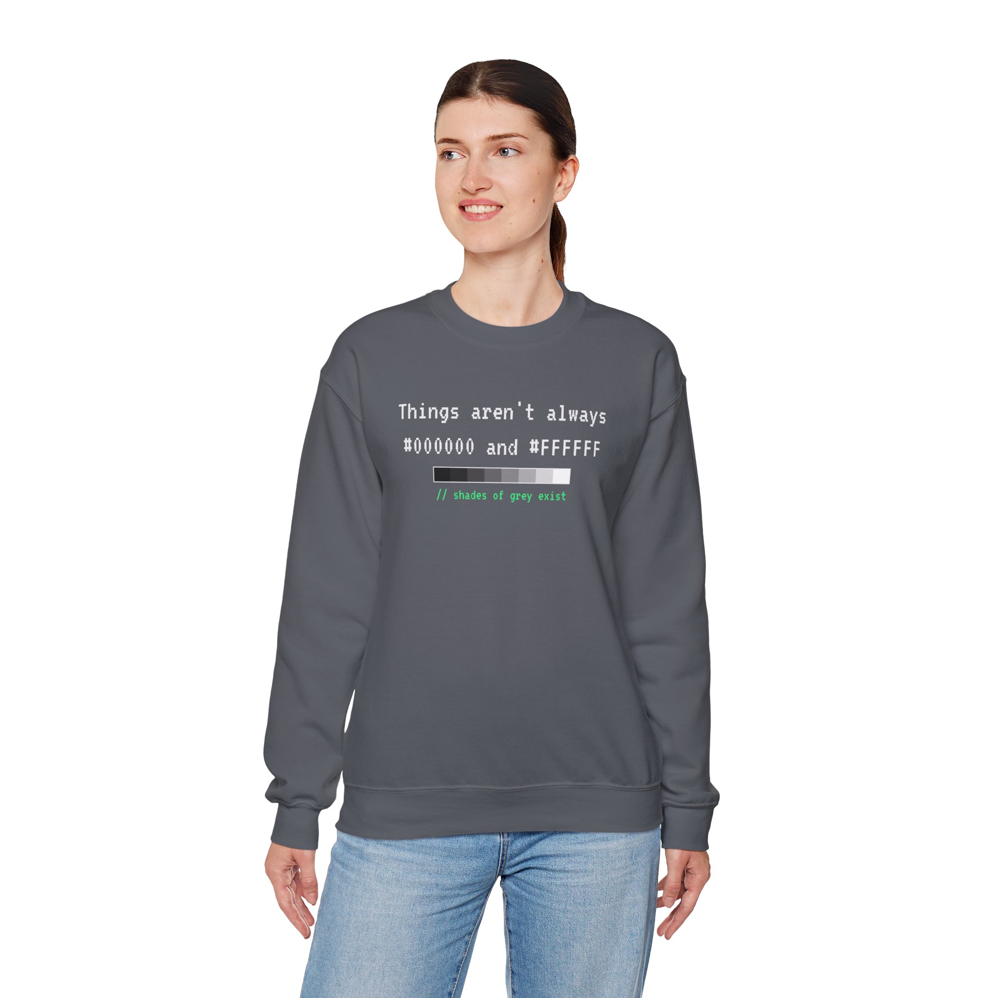 Shades of Grey Exist crewneck sweatshirt in Charcoal, worn by a model, fourth view