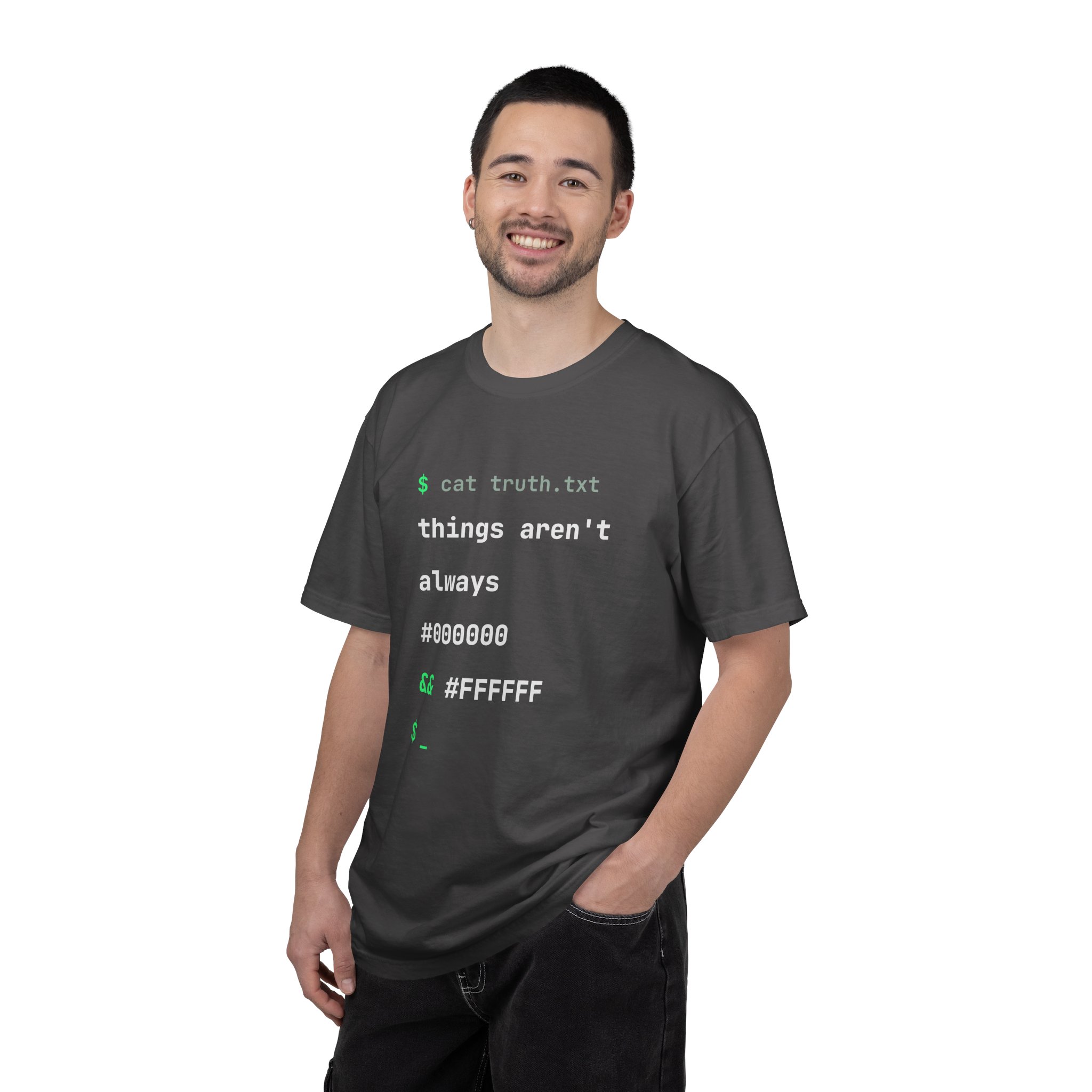 cat truth.txt T-shirt in Graphite, worn by a man