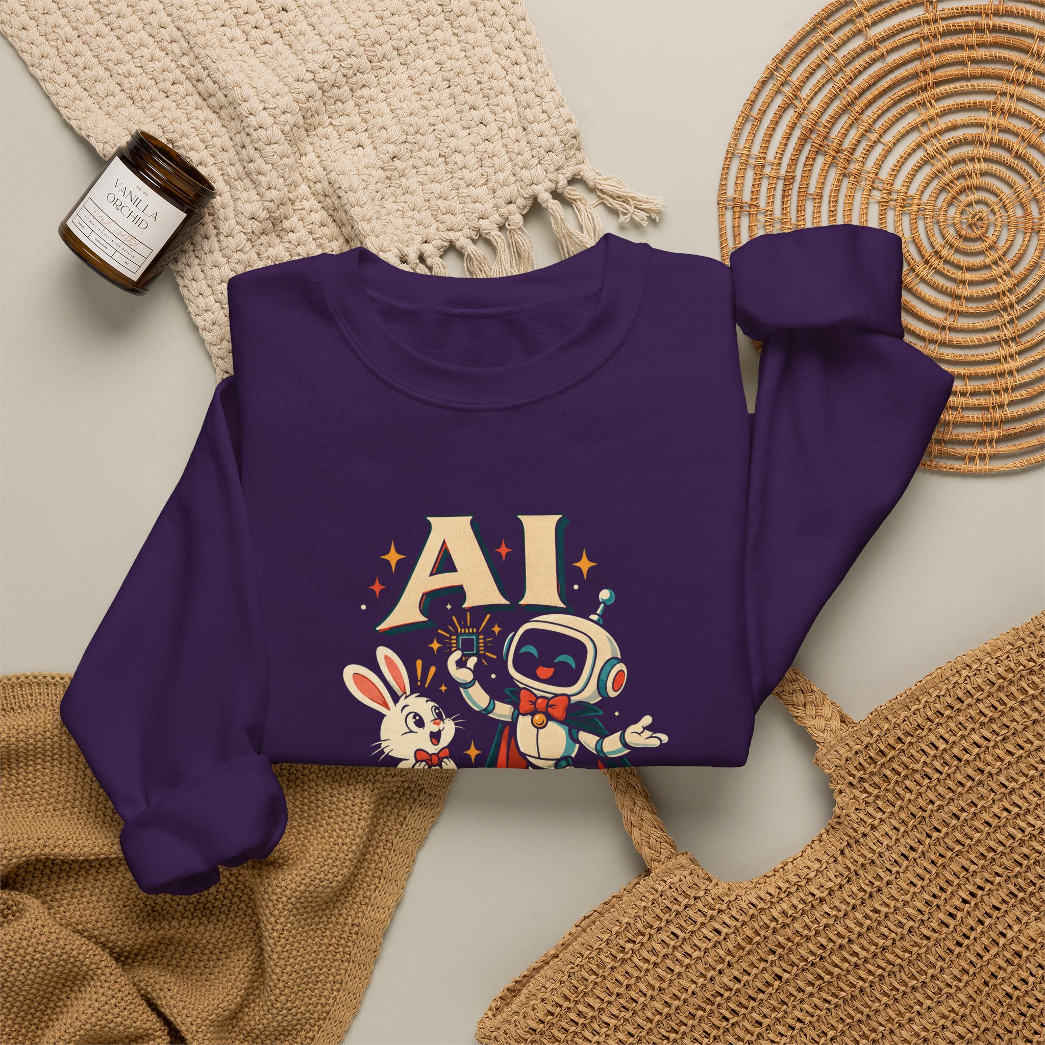 AI Magic Bunny crewneck sweatshirt in Purple, folded 2