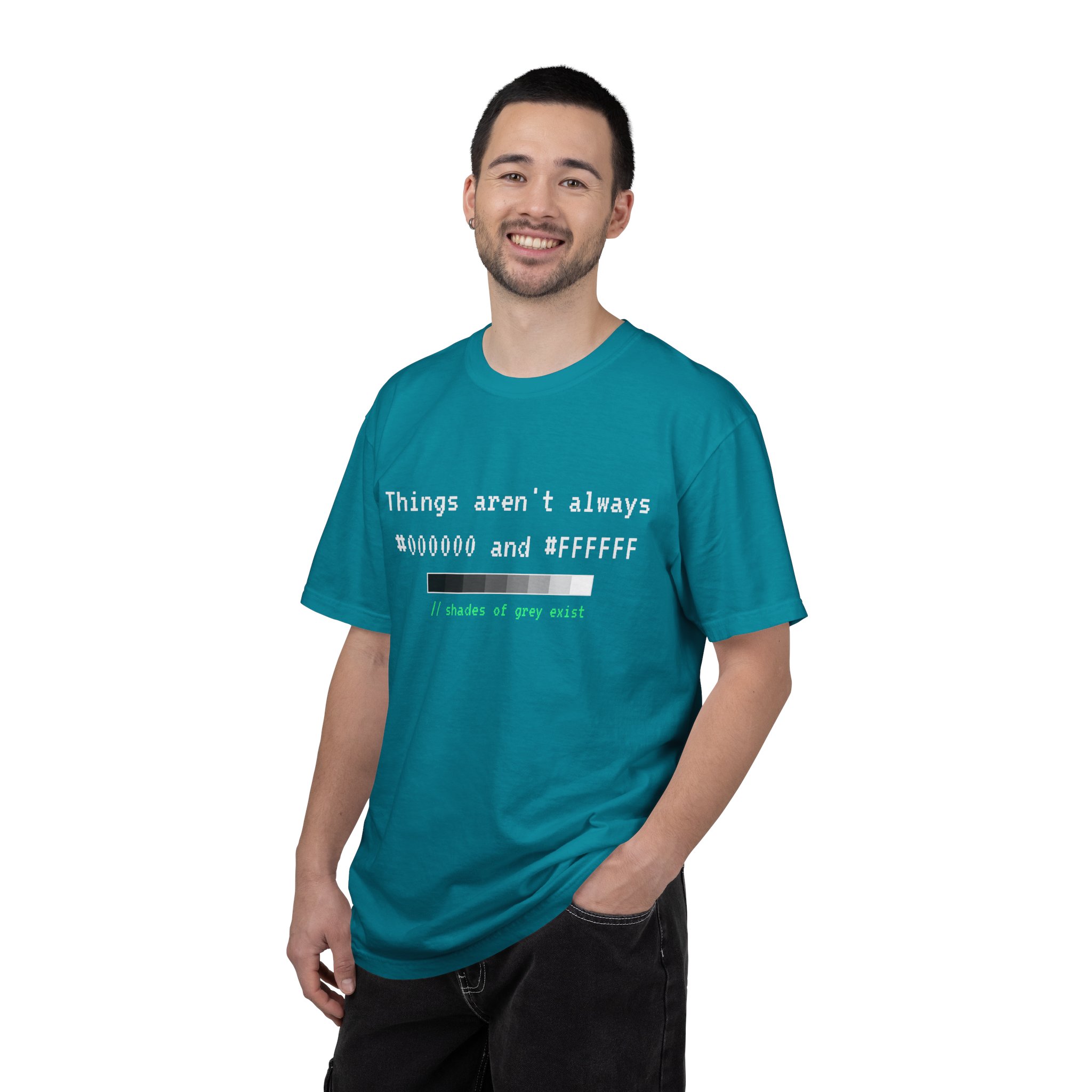 Shades of Grey Exist T-shirt in Topaz Blue, worn by a man