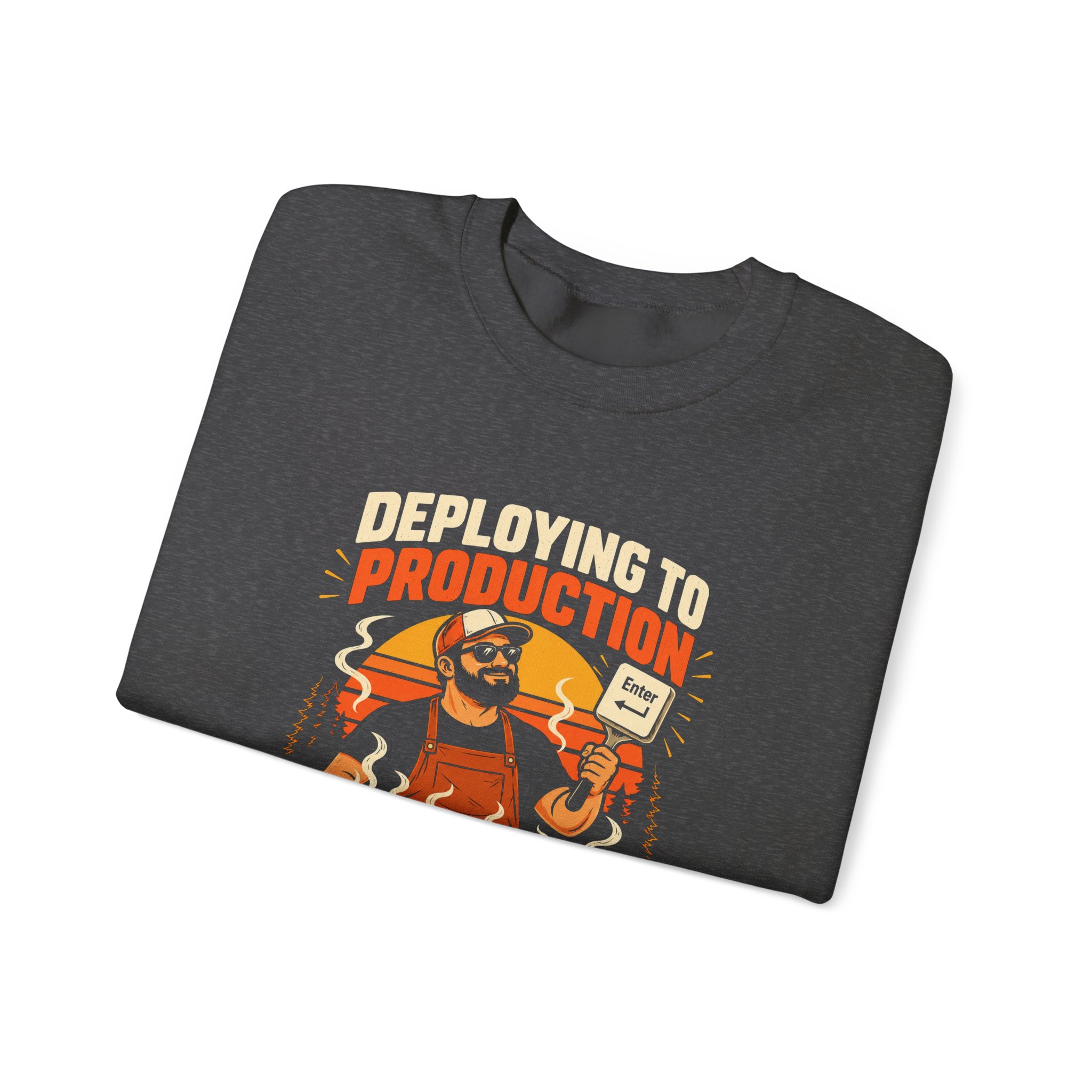 Deploying to Production crewneck sweatshirt in Dark Heather, folded