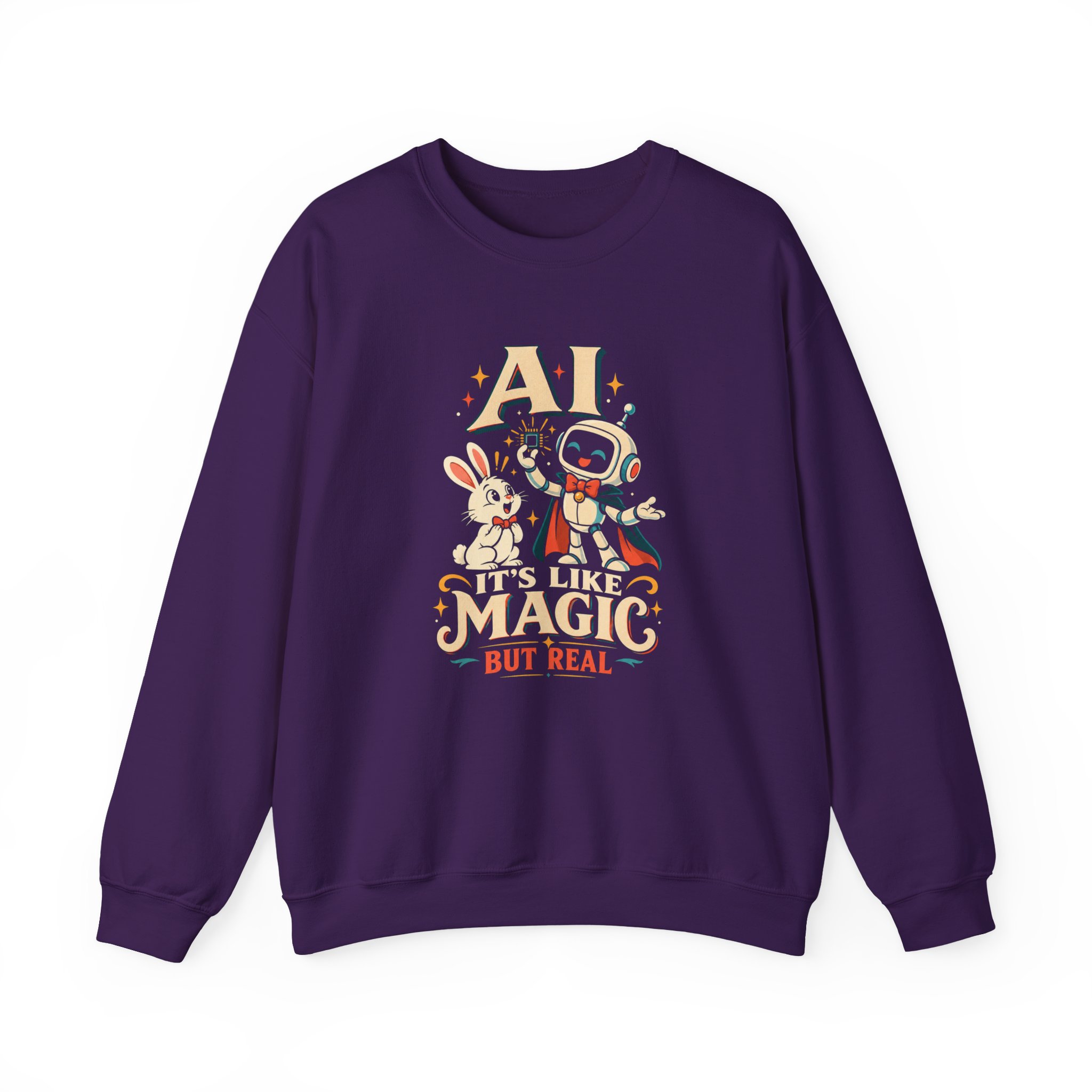 AI Magic Bunny crewneck sweatshirt in Purple, front view