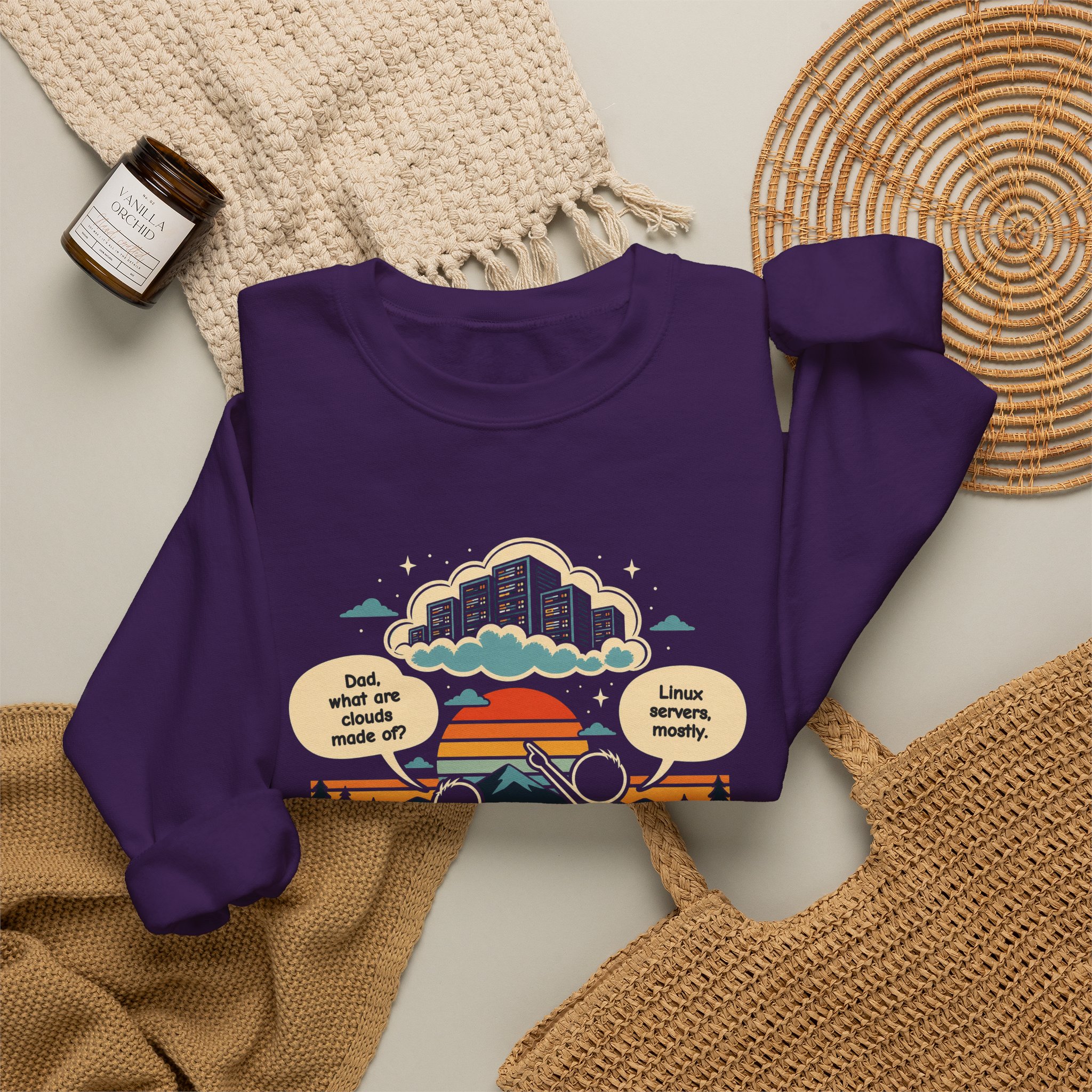 Linux Clouds crewneck sweatshirt in Purple, folded 2