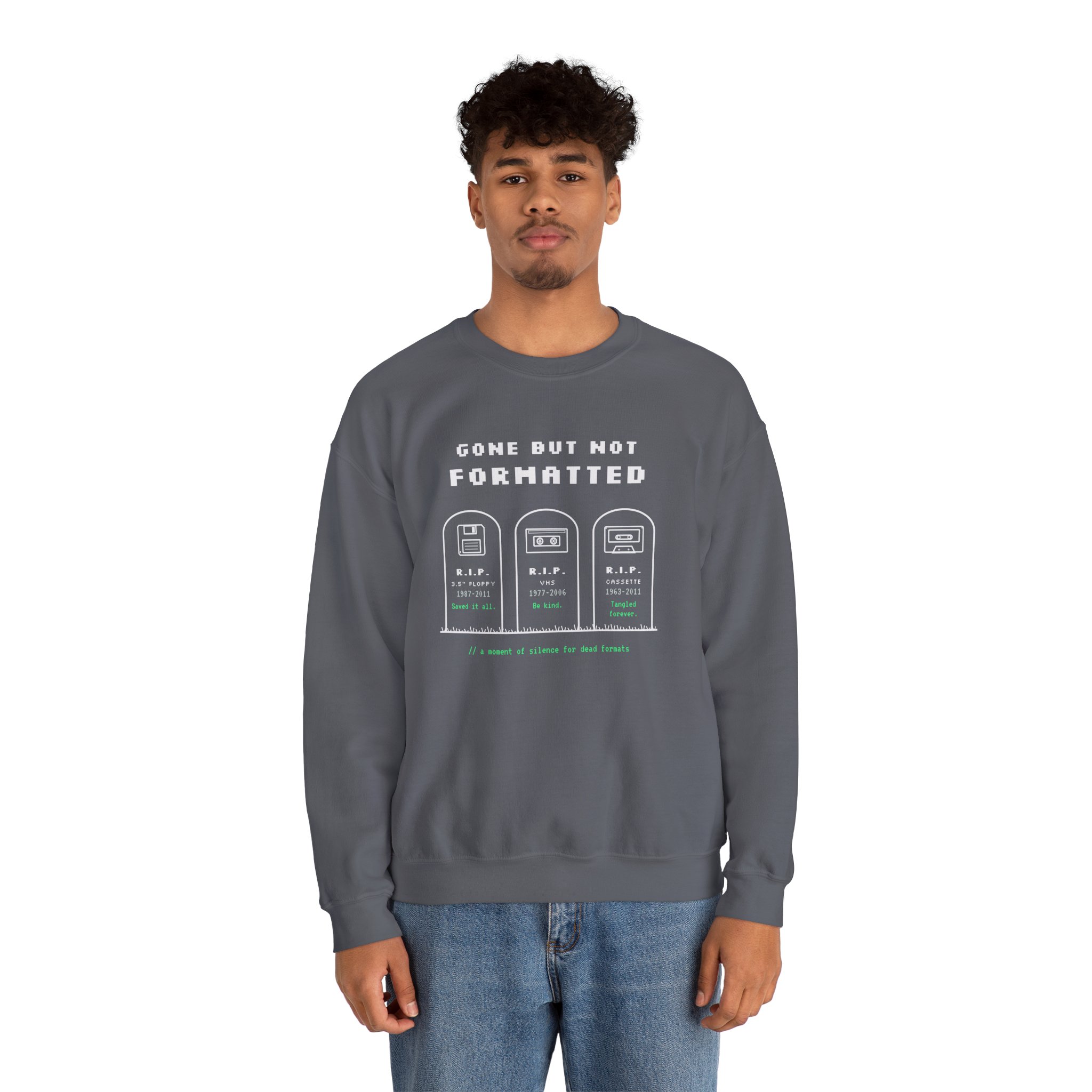 Gone But Not Formatted crewneck sweatshirt in Charcoal, worn by a model, second view