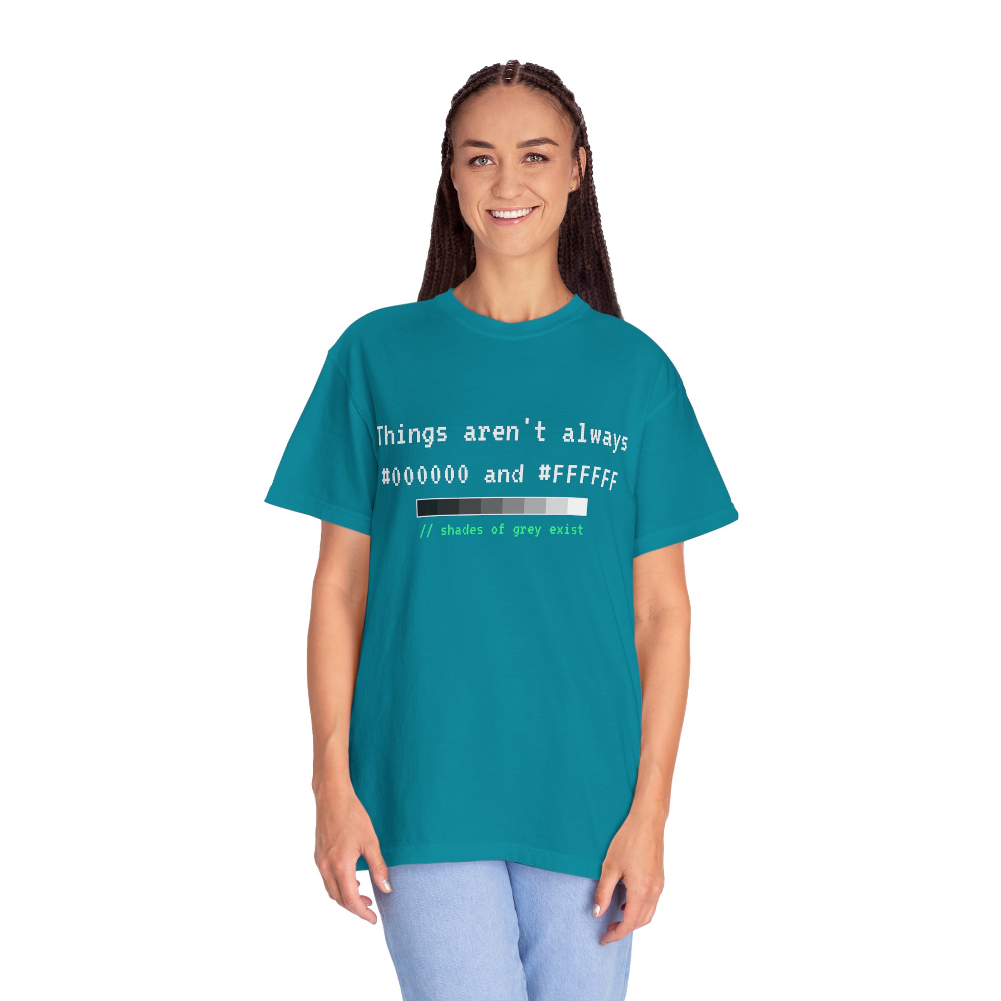 Shades of Grey Exist T-shirt in Topaz Blue, worn by a woman