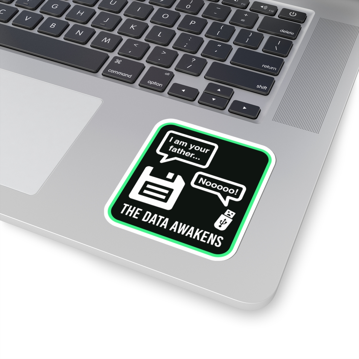 The Data Awakens sticker, 3 inch, on a laptop