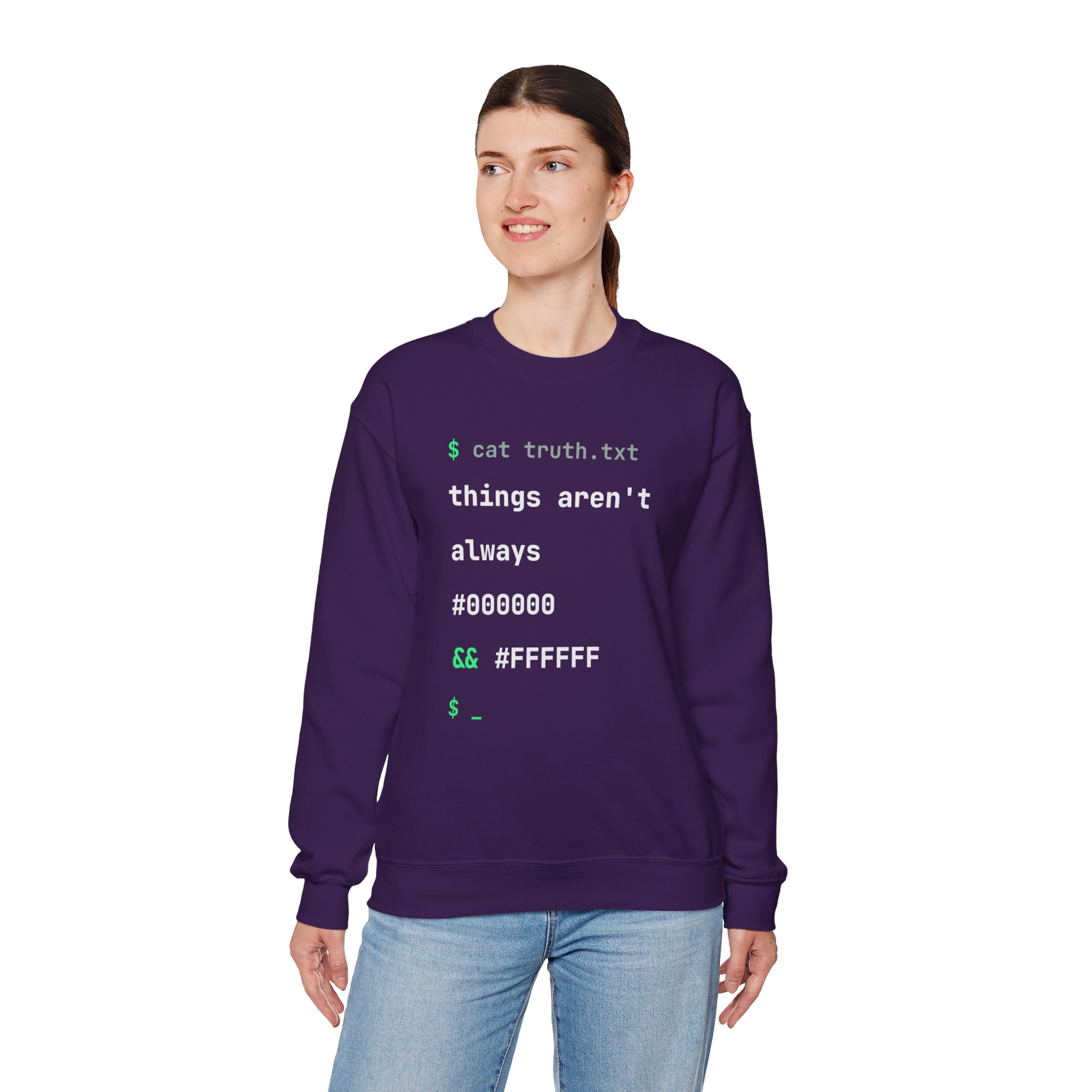 cat truth.txt crewneck sweatshirt in Purple, worn by a model, fourth view