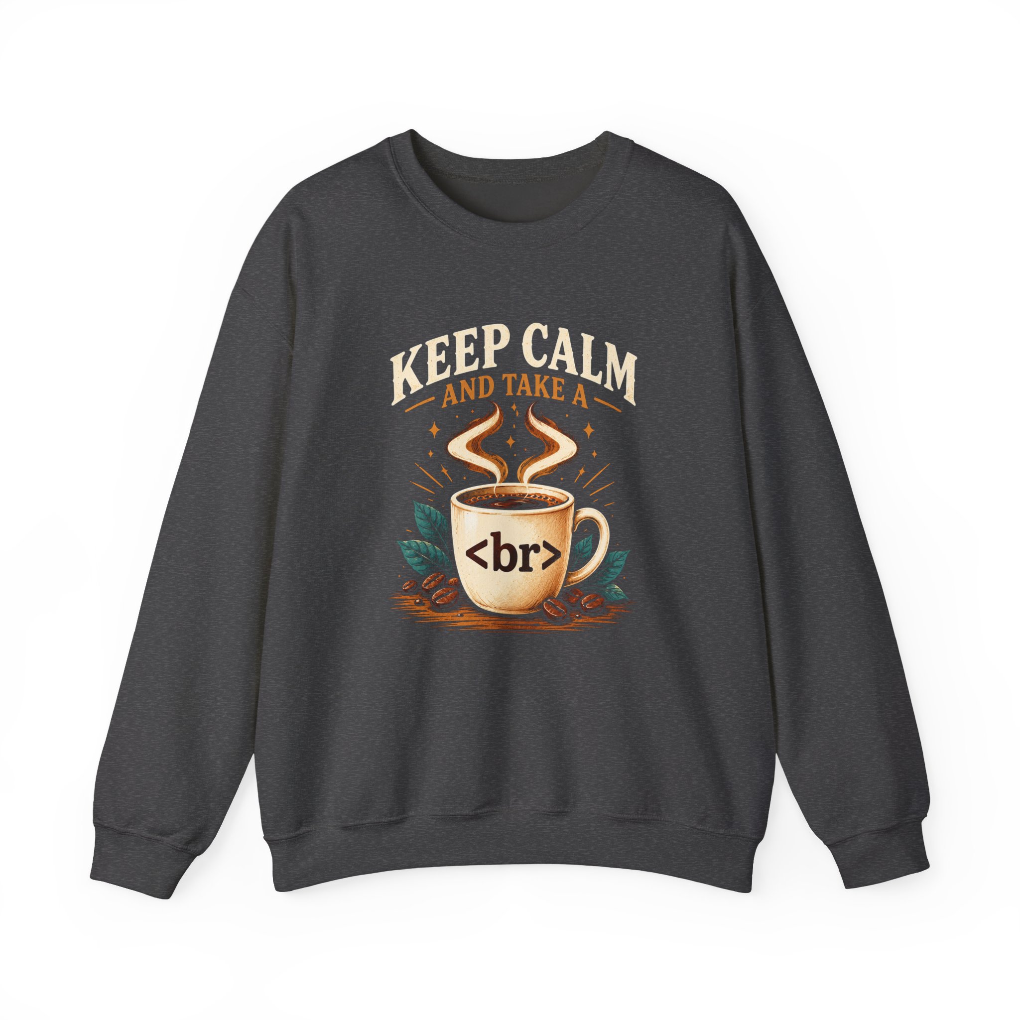 Keep Calm Coffee Break crewneck sweatshirt in Dark Heather, front view