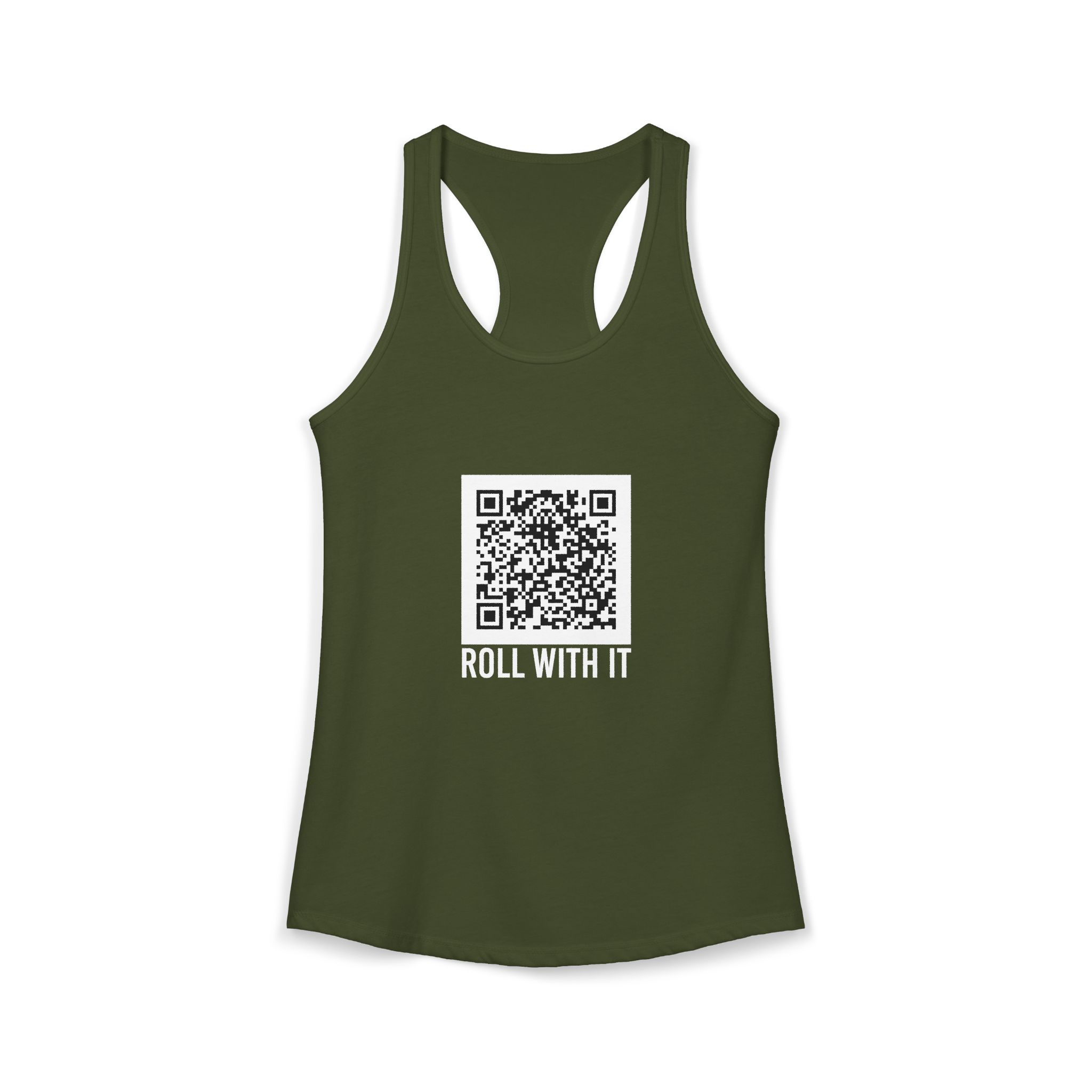 Roll With It QR Code women's racerback tank in Solid Military Green, front 2