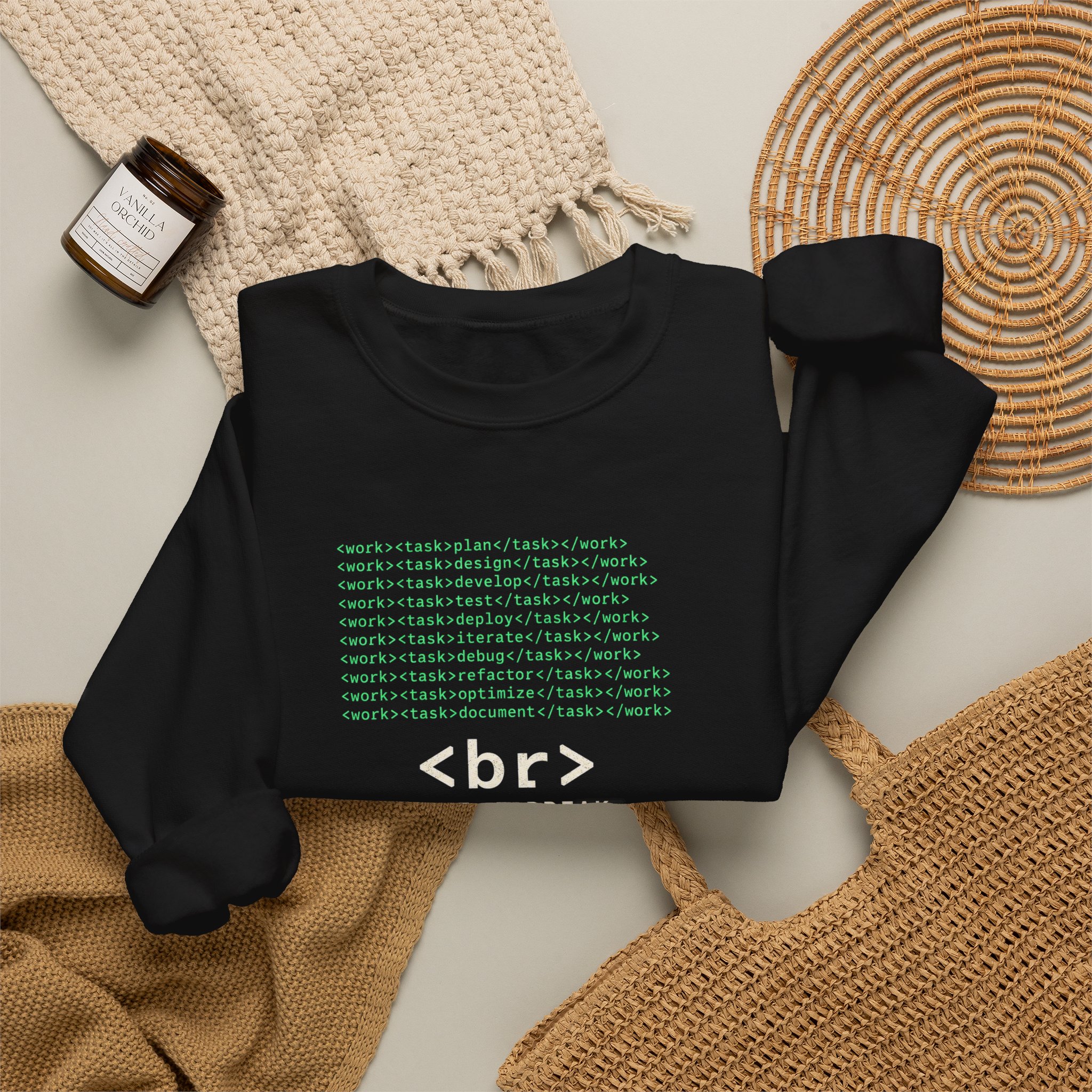 Work Work Break crewneck sweatshirt in Black, folded 2