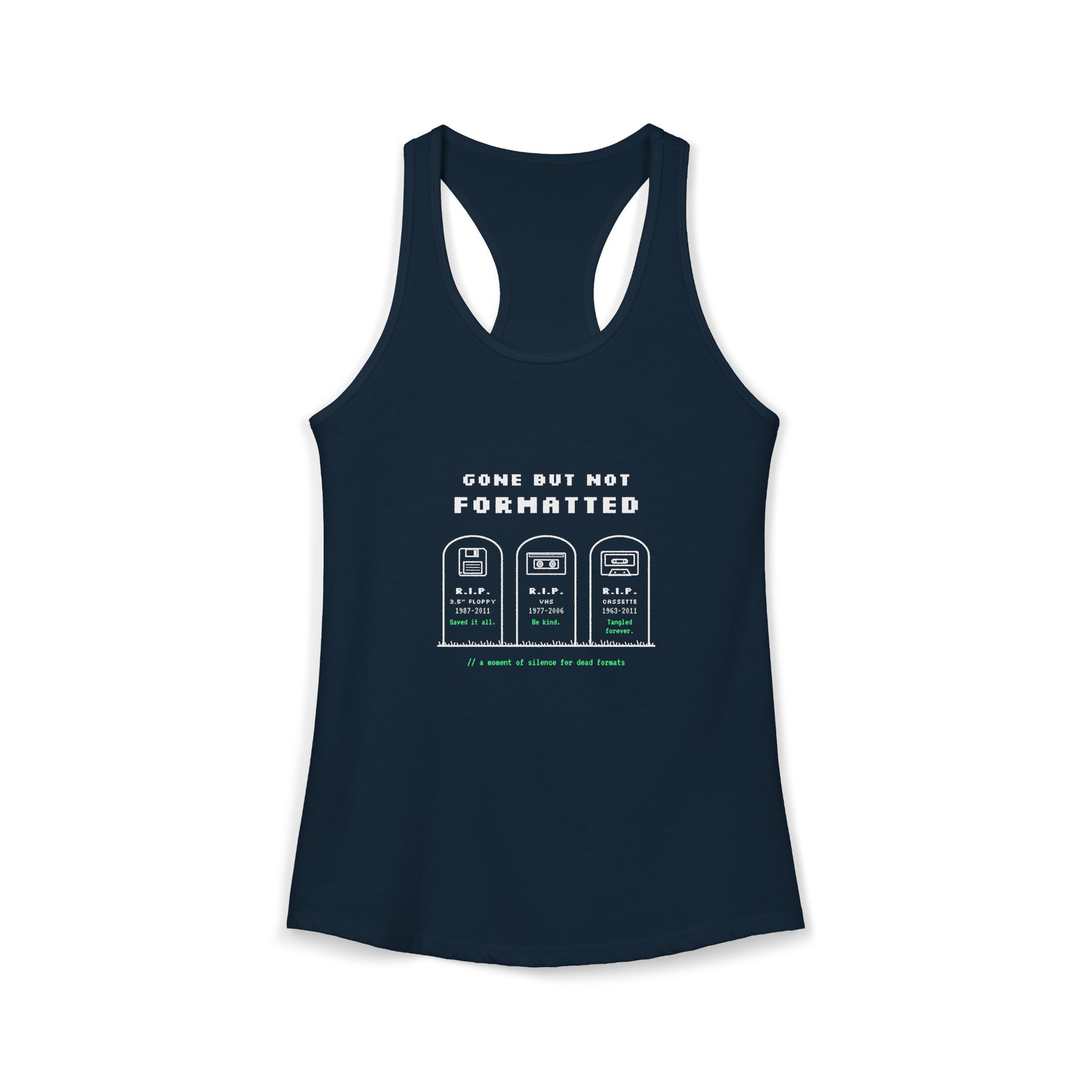 Gone But Not Formatted women's racerback tank in Solid Midnight Navy, front 2