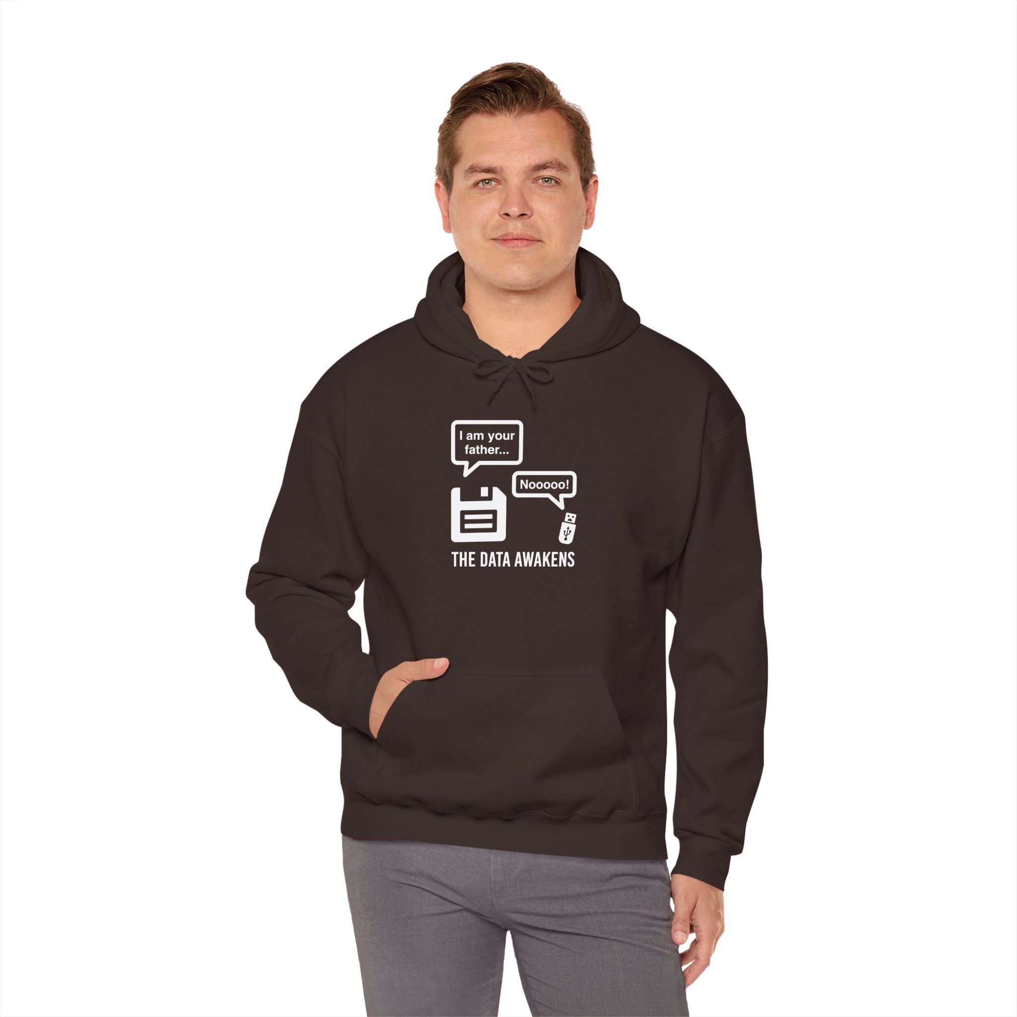 The Data Awakens hoodie in Dark Chocolate, worn by a model, fourth view