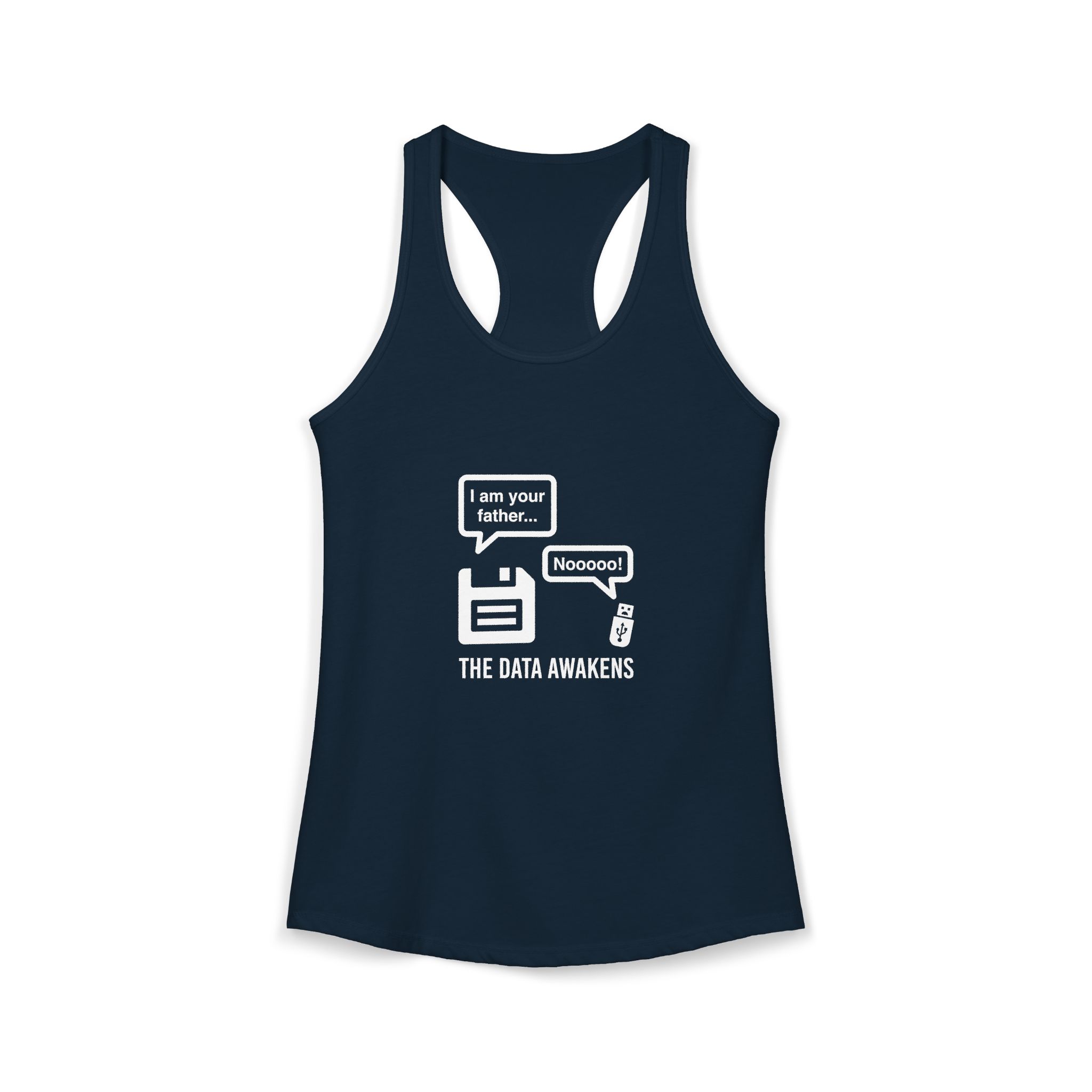 The Data Awakens women's racerback tank in Solid Midnight Navy, front 2
