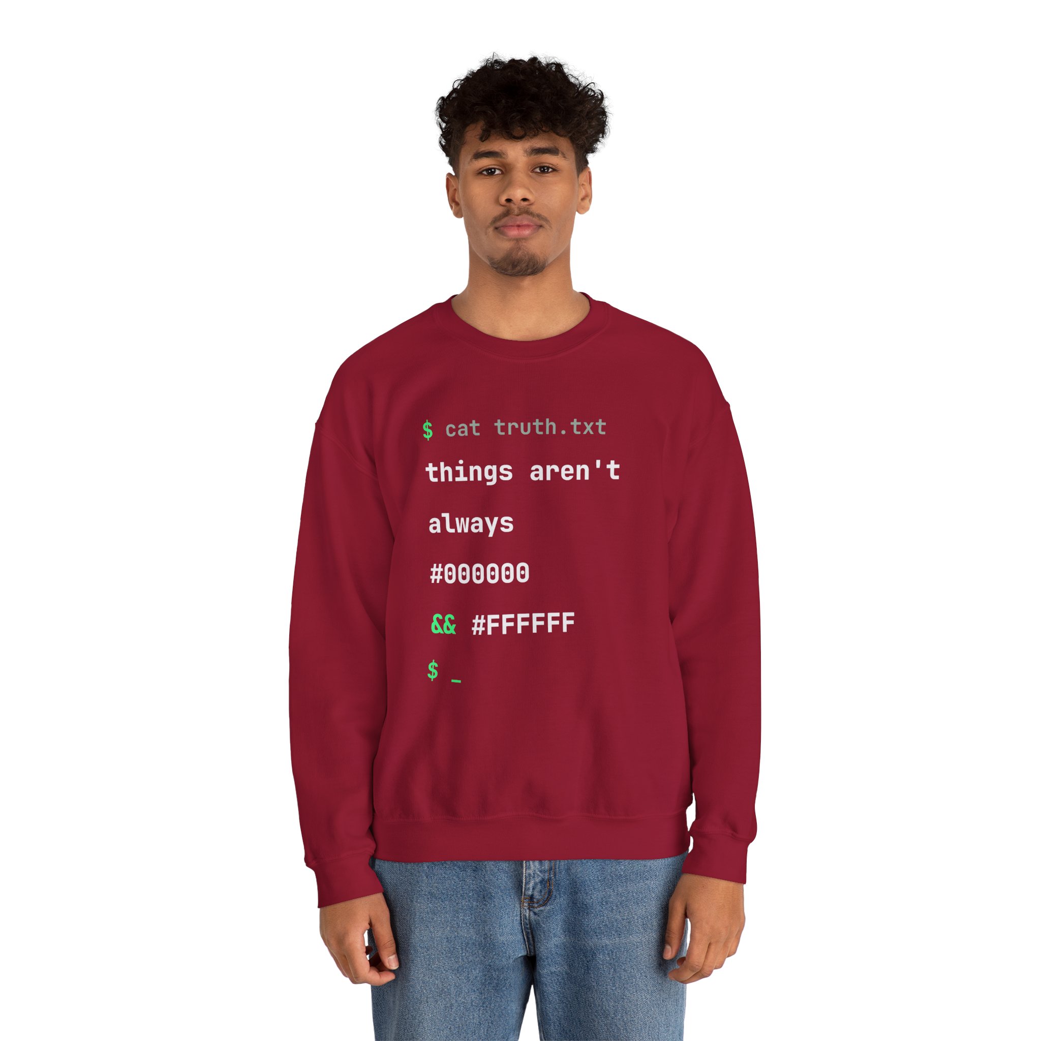 cat truth.txt crewneck sweatshirt in Cardinal Red, worn by a model, second view