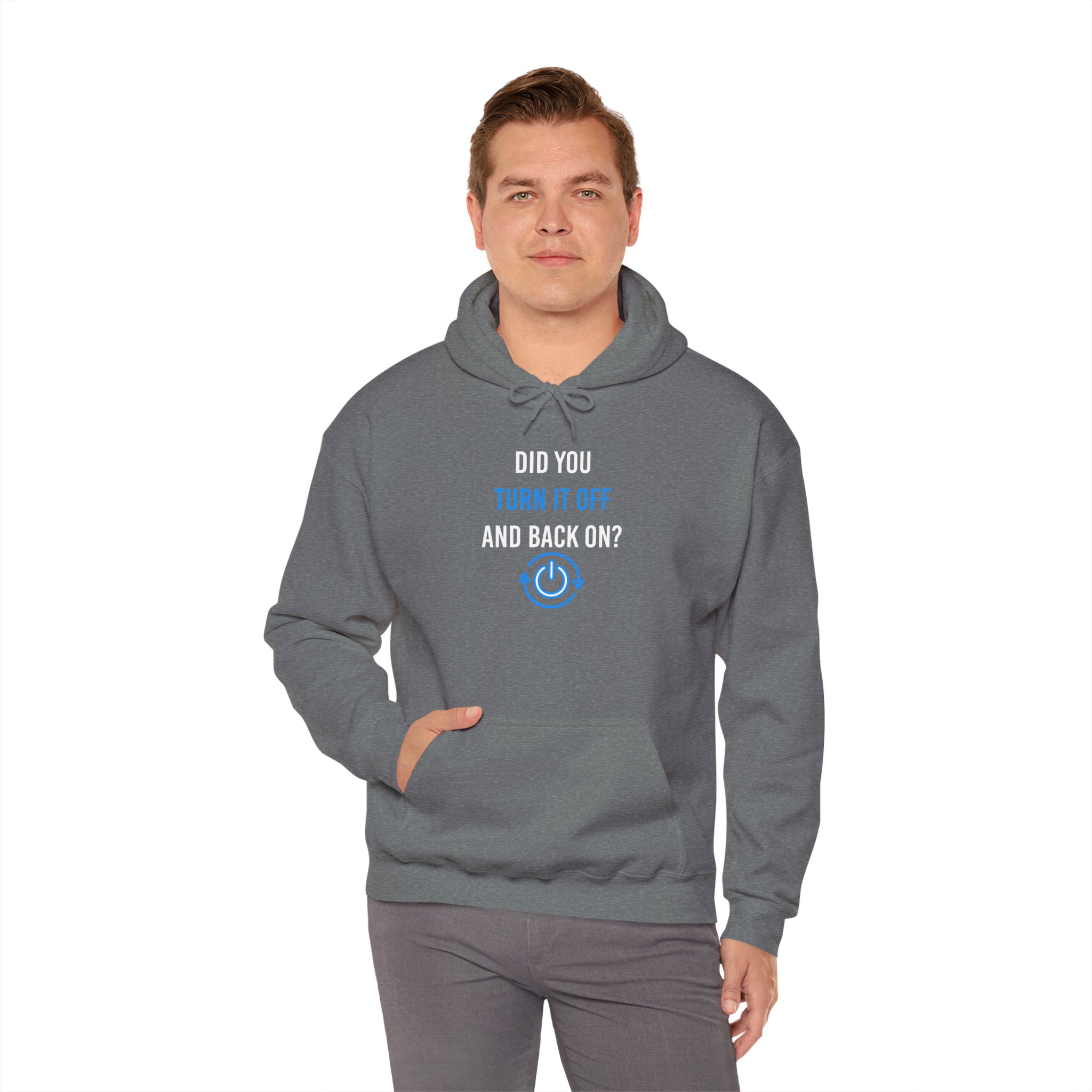 Did You Turn It Off and Back On? hoodie in Graphite Heather, worn by a model, fourth view