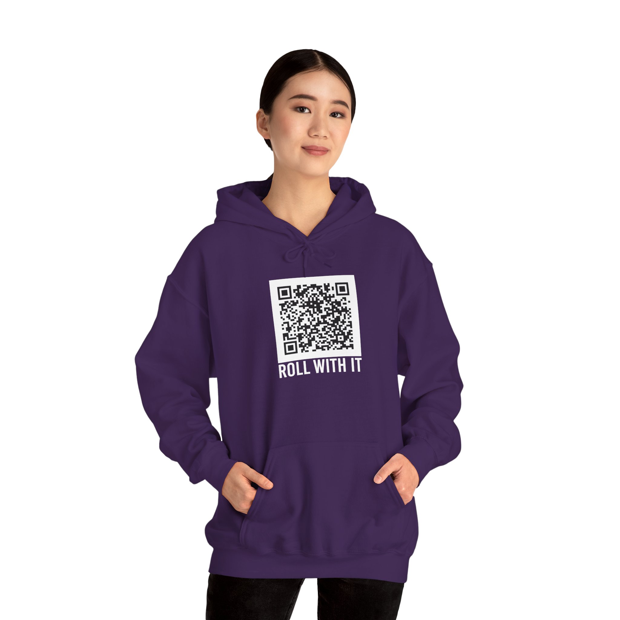 Roll With It QR Code hoodie in Purple, worn by a model