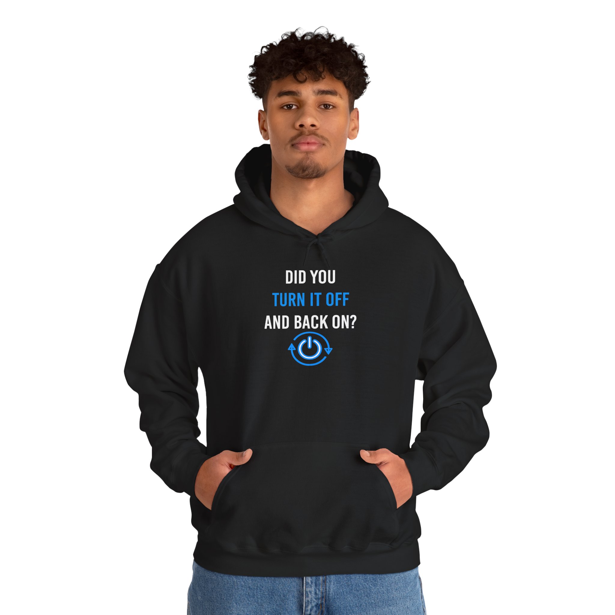 Did You Turn It Off and Back On? hoodie in Black, worn by a model, second view