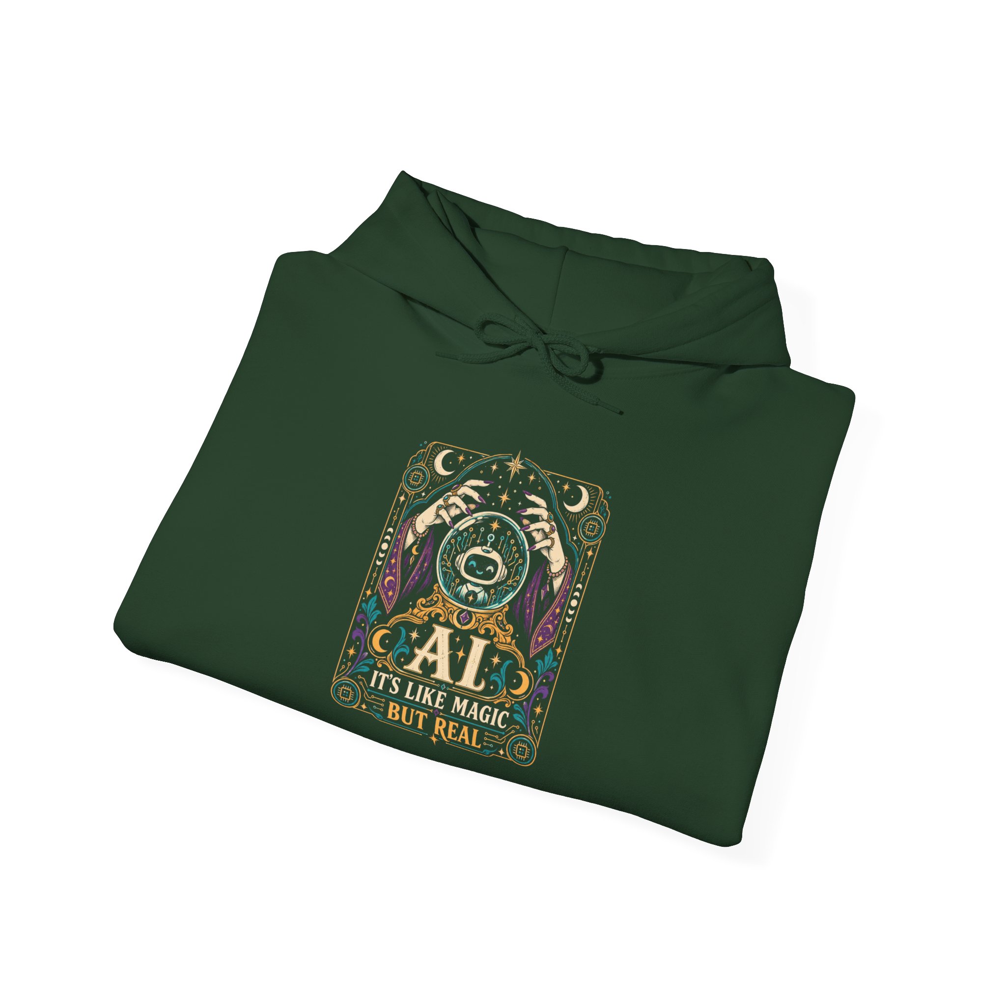 AI Magic Crystal Ball hoodie in Forest Green, folded