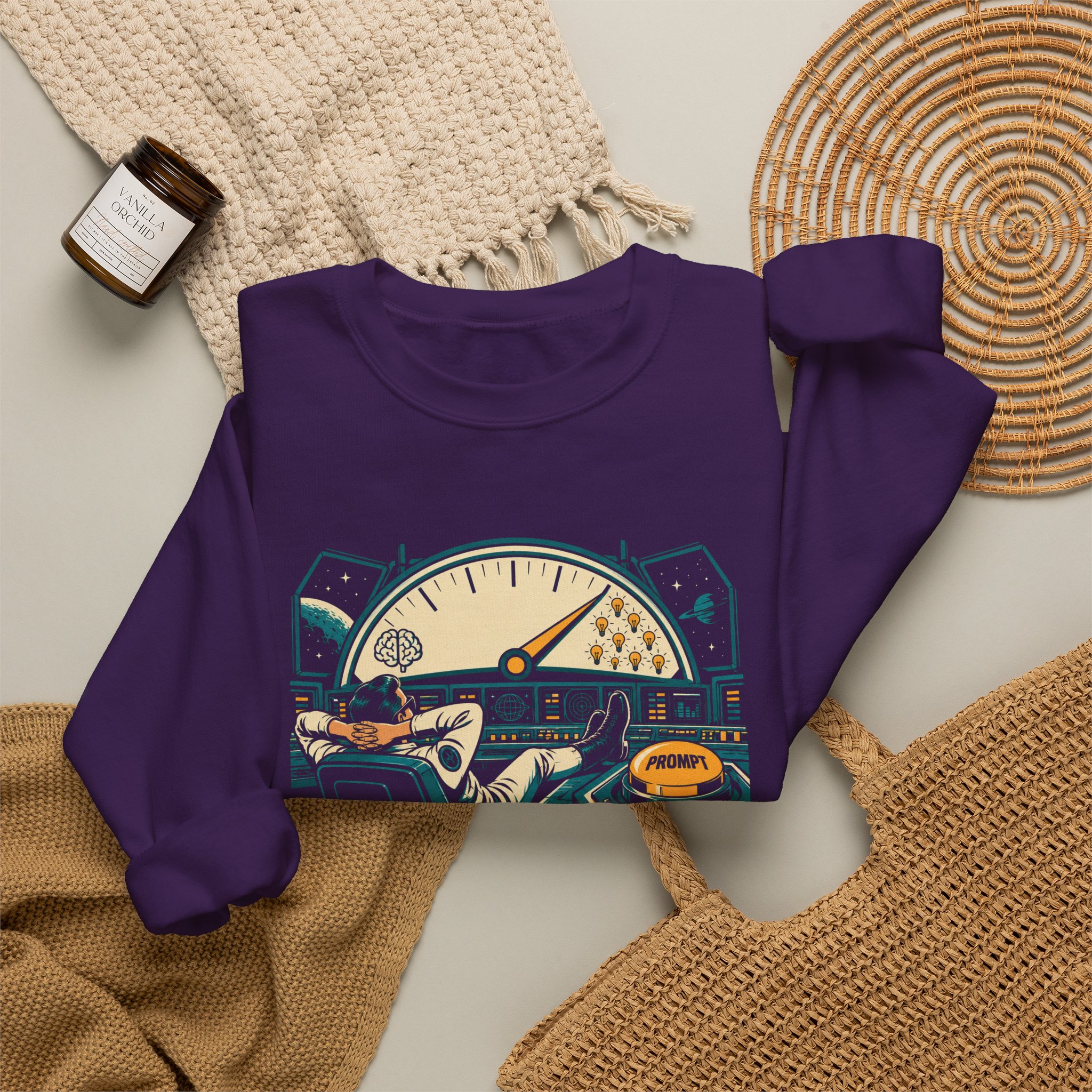 Prompt Mission Control crewneck sweatshirt in Purple, folded 2