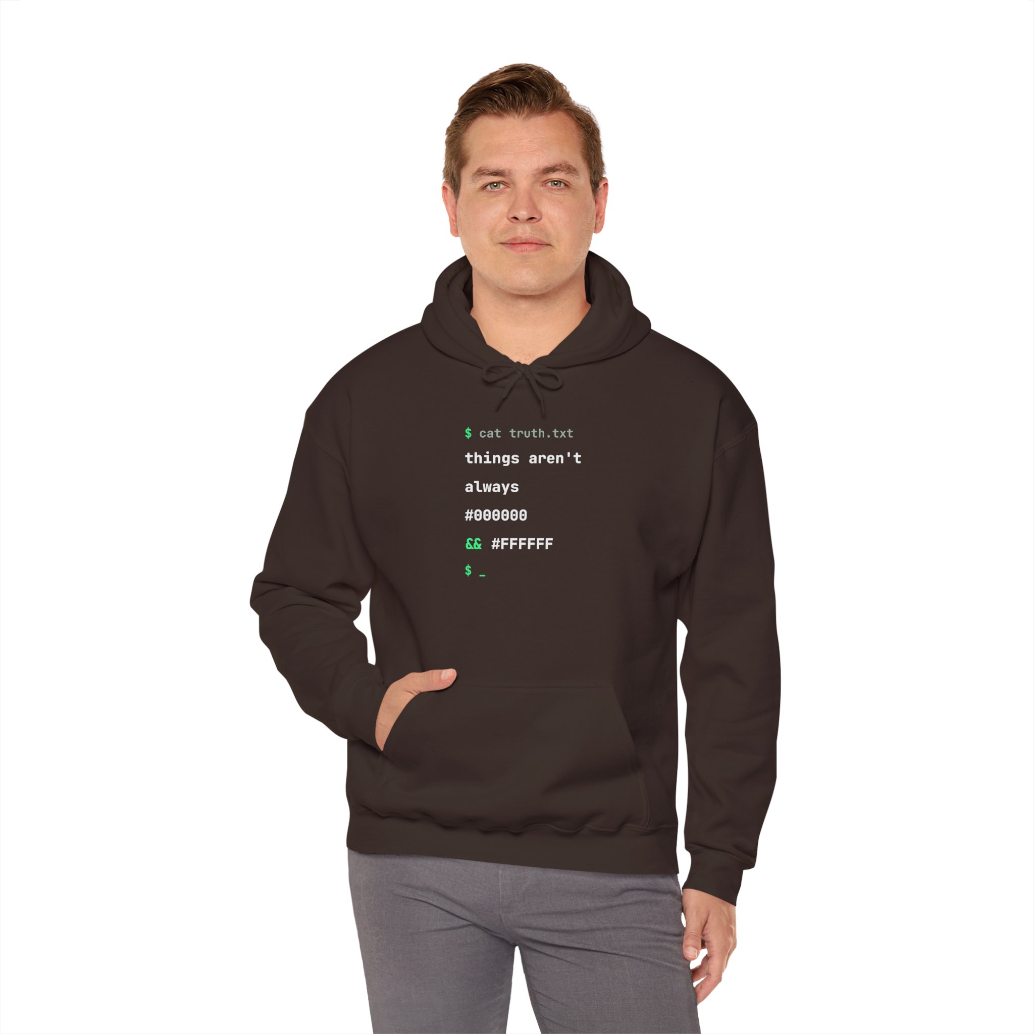 cat truth.txt hoodie in Dark Chocolate, worn by a model, fourth view