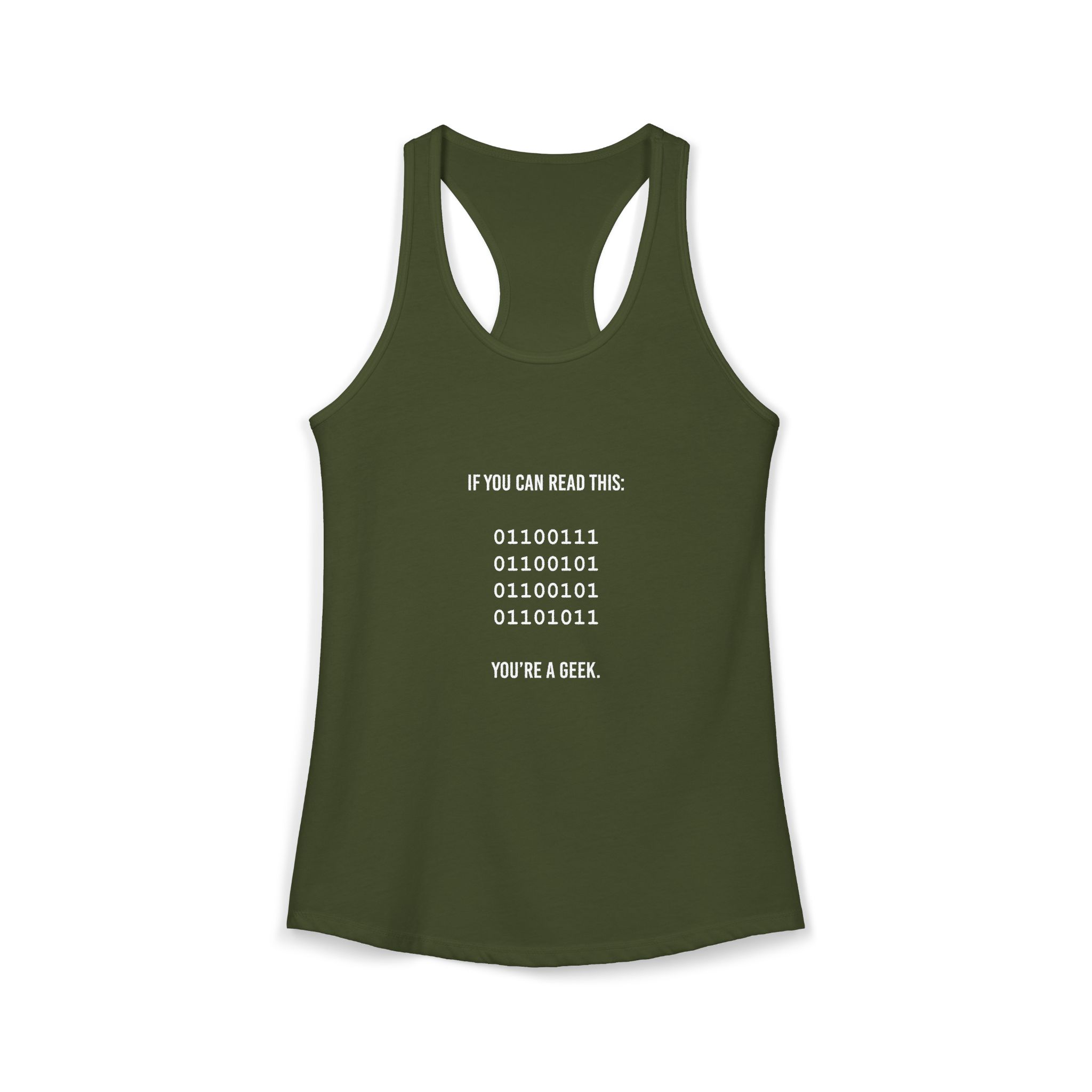 Geek Binary Code women's racerback tank in Solid Military Green, front 2