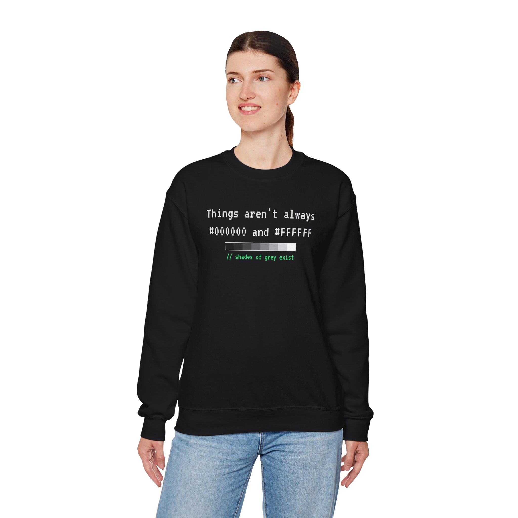Shades of Grey Exist crewneck sweatshirt in Black, worn by a model, fourth view