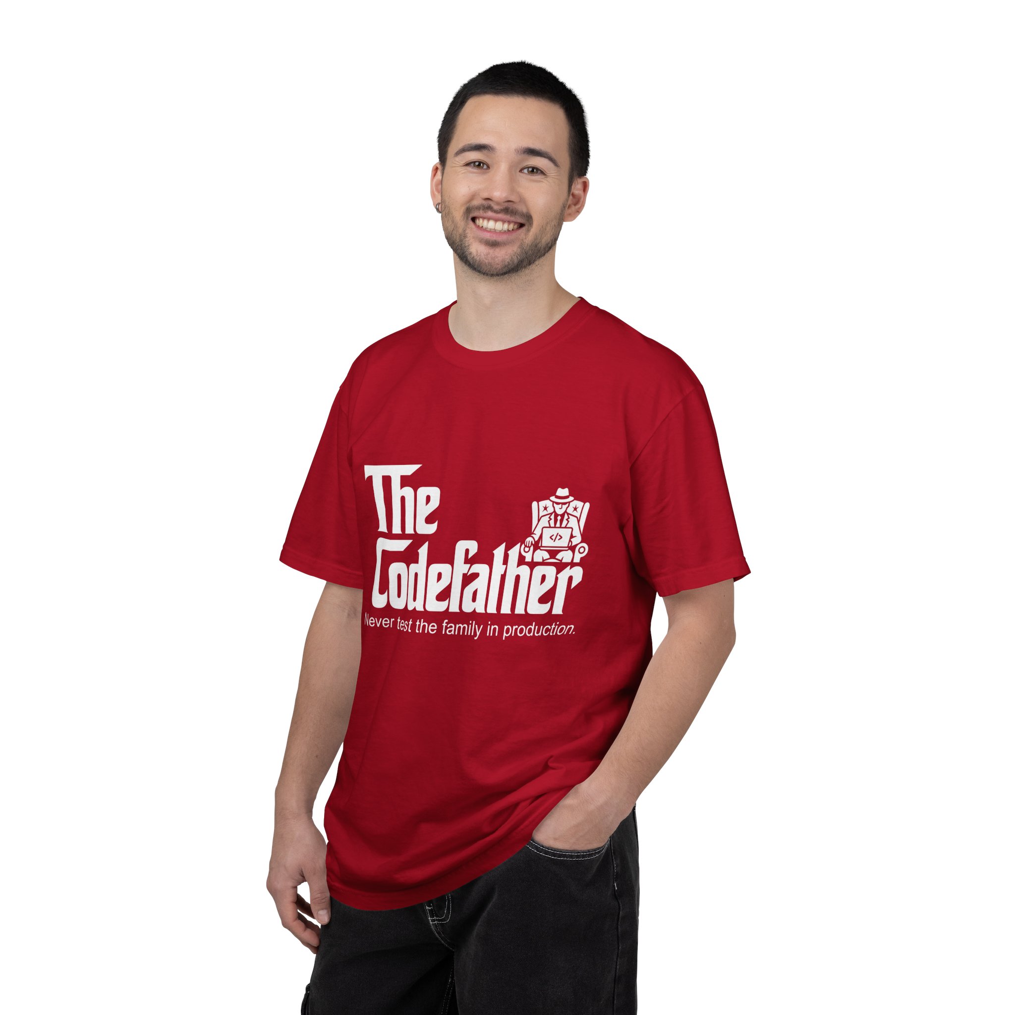The Codefather T-shirt in Red, worn by a man