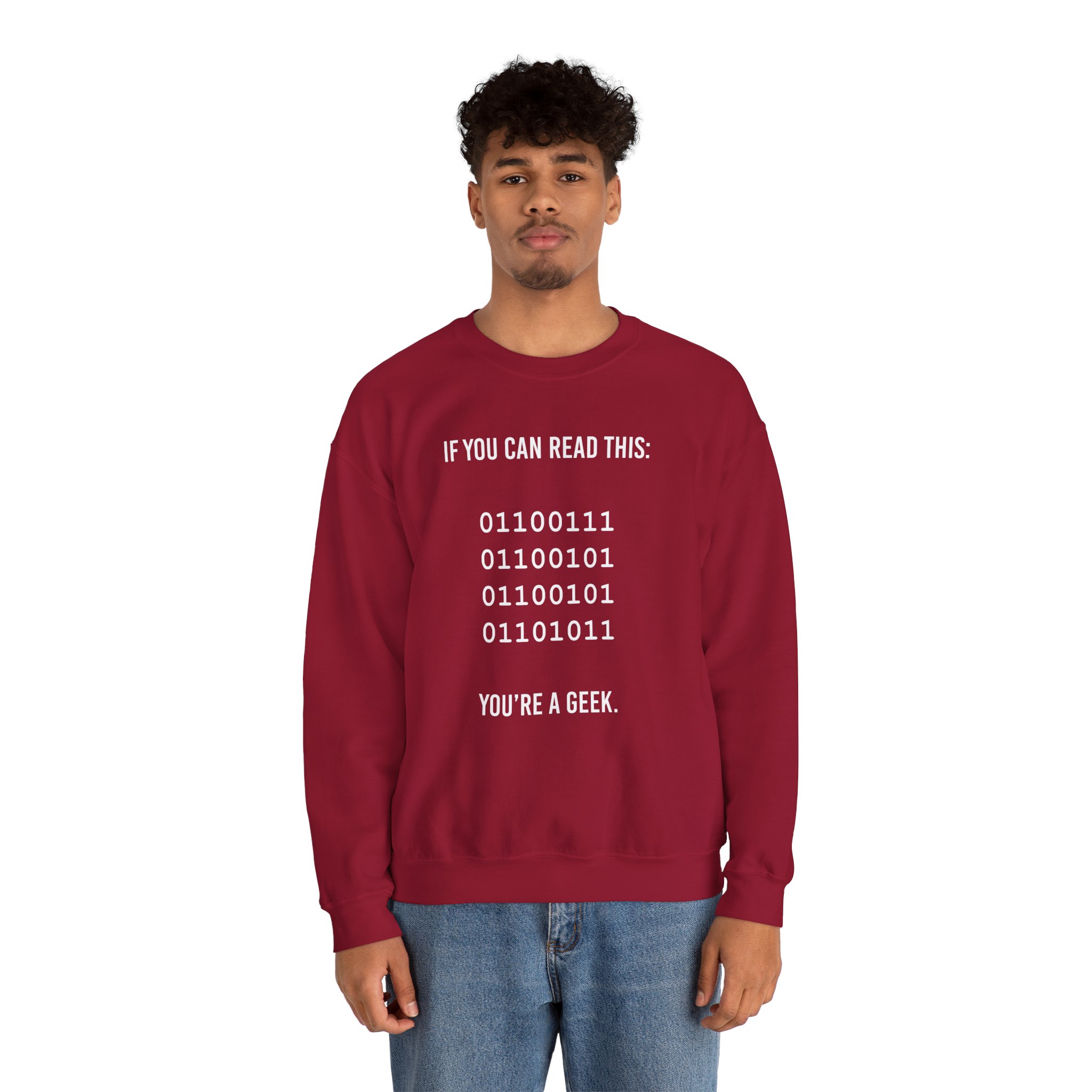 Geek Binary Code crewneck sweatshirt in Cardinal Red, worn by a model, second view